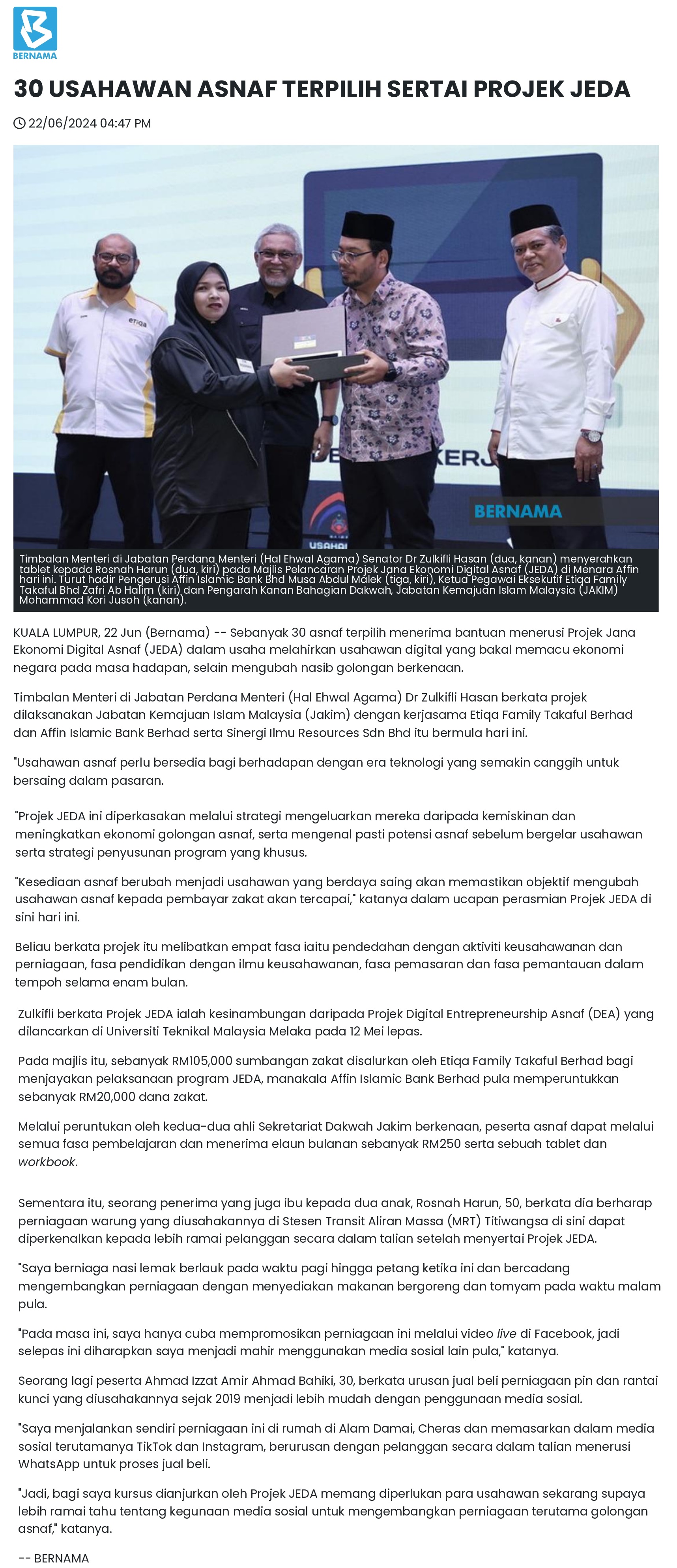 30 USAHAWAN ASNAF TERPILIH SERTAI PROJEK JEDA