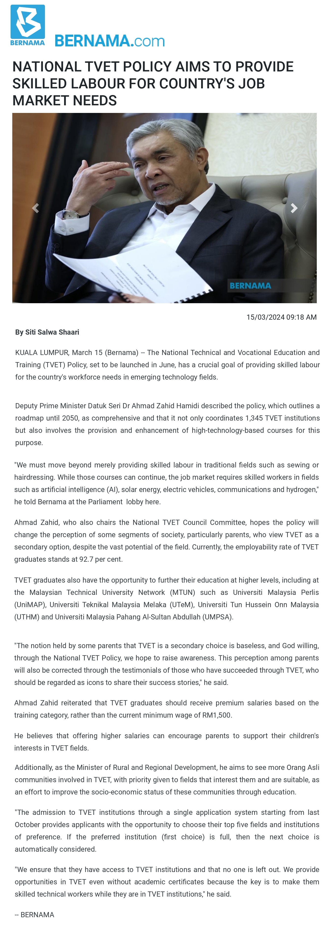 NATIONAL TVET POLICY AIMS TO PROVIDE SKILLED LABOUR FOR COUNTRY'S JOB MARKET NEEDS