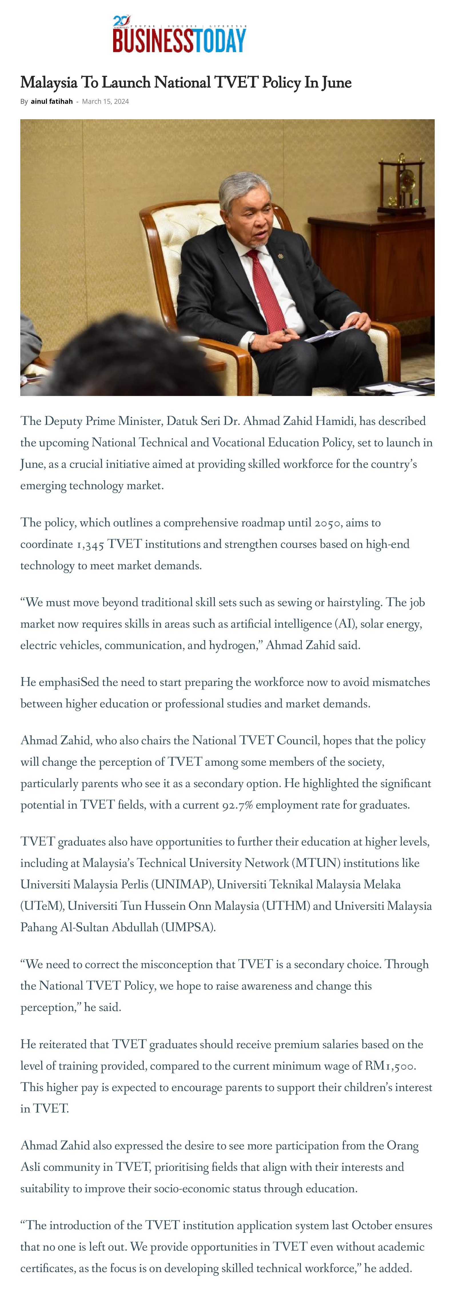 Malaysia To Launch National TVET Policy In June