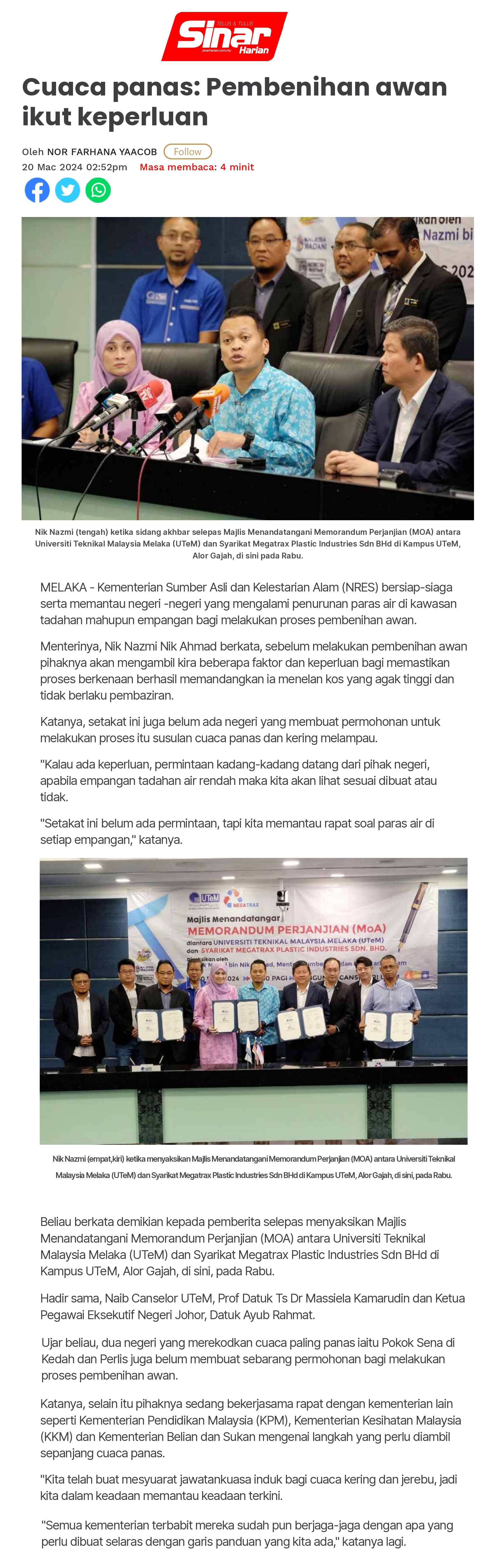 Cuaca panas: Pembenihan awan ikut keperluan