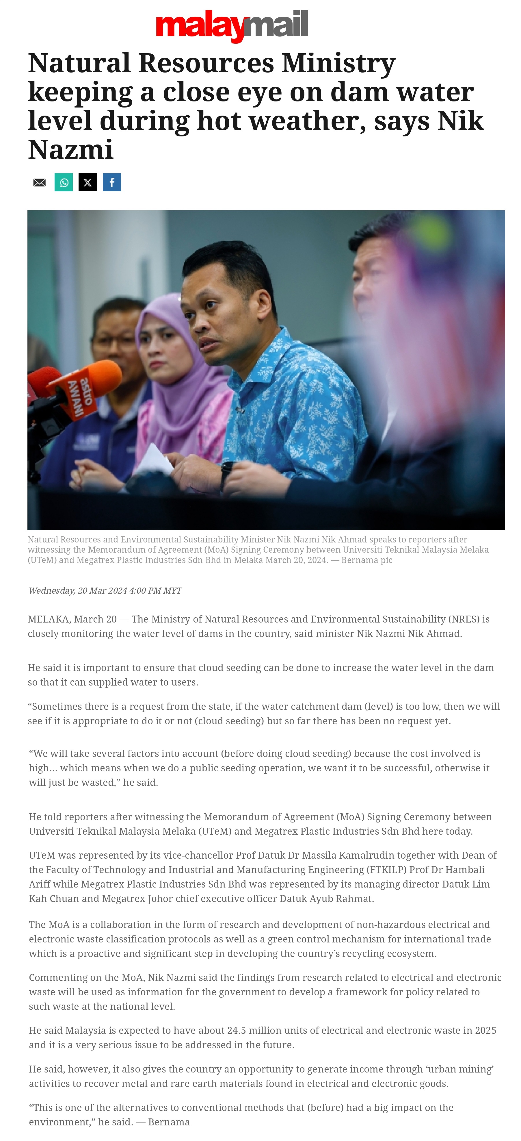 Natural Resources Ministry keeping a close eye on dam water level during hot weather, says Nik Nazmi