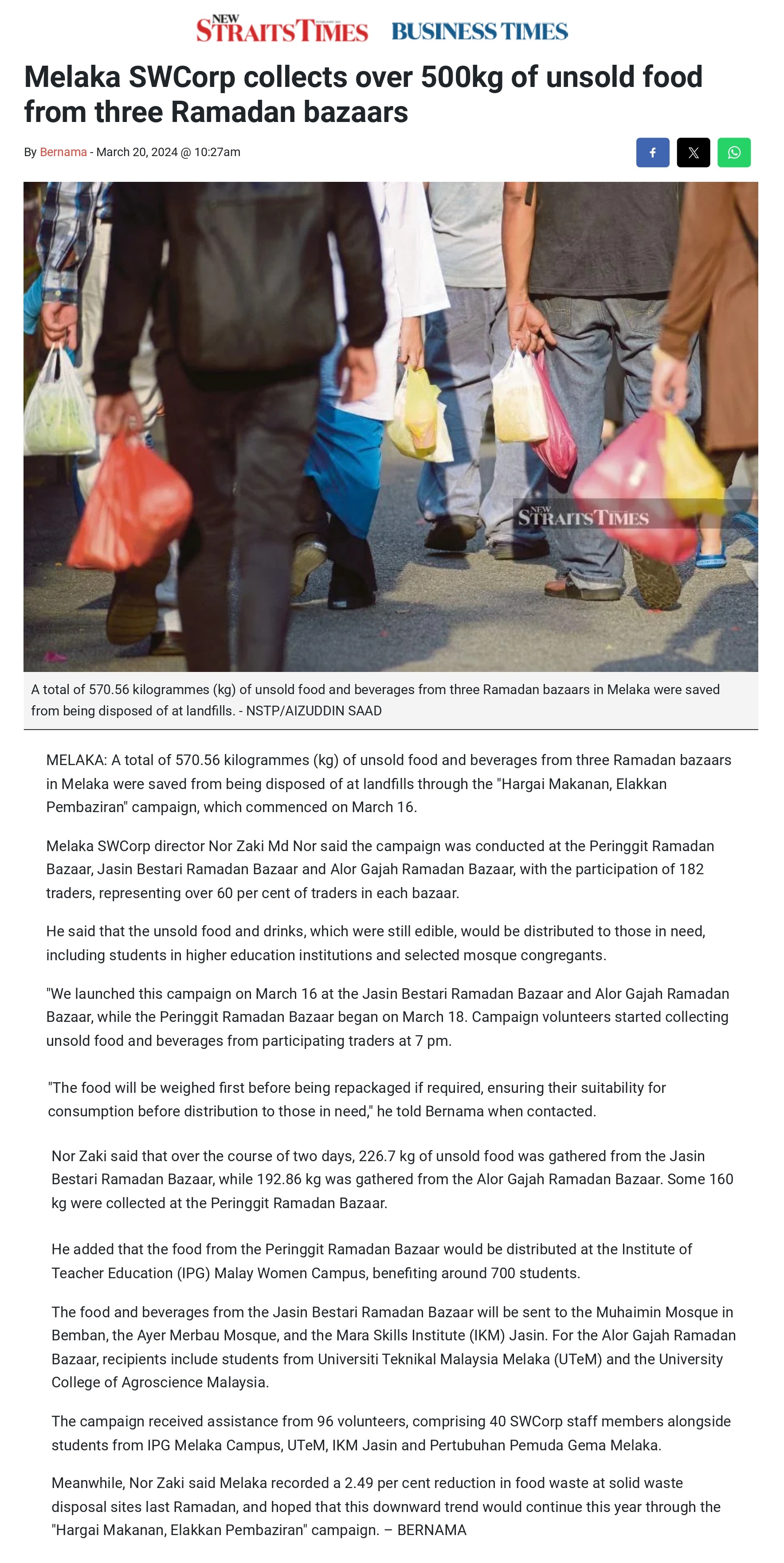 Melaka SWCorp collects over 500kg of unsold food from three Ramadan bazaars