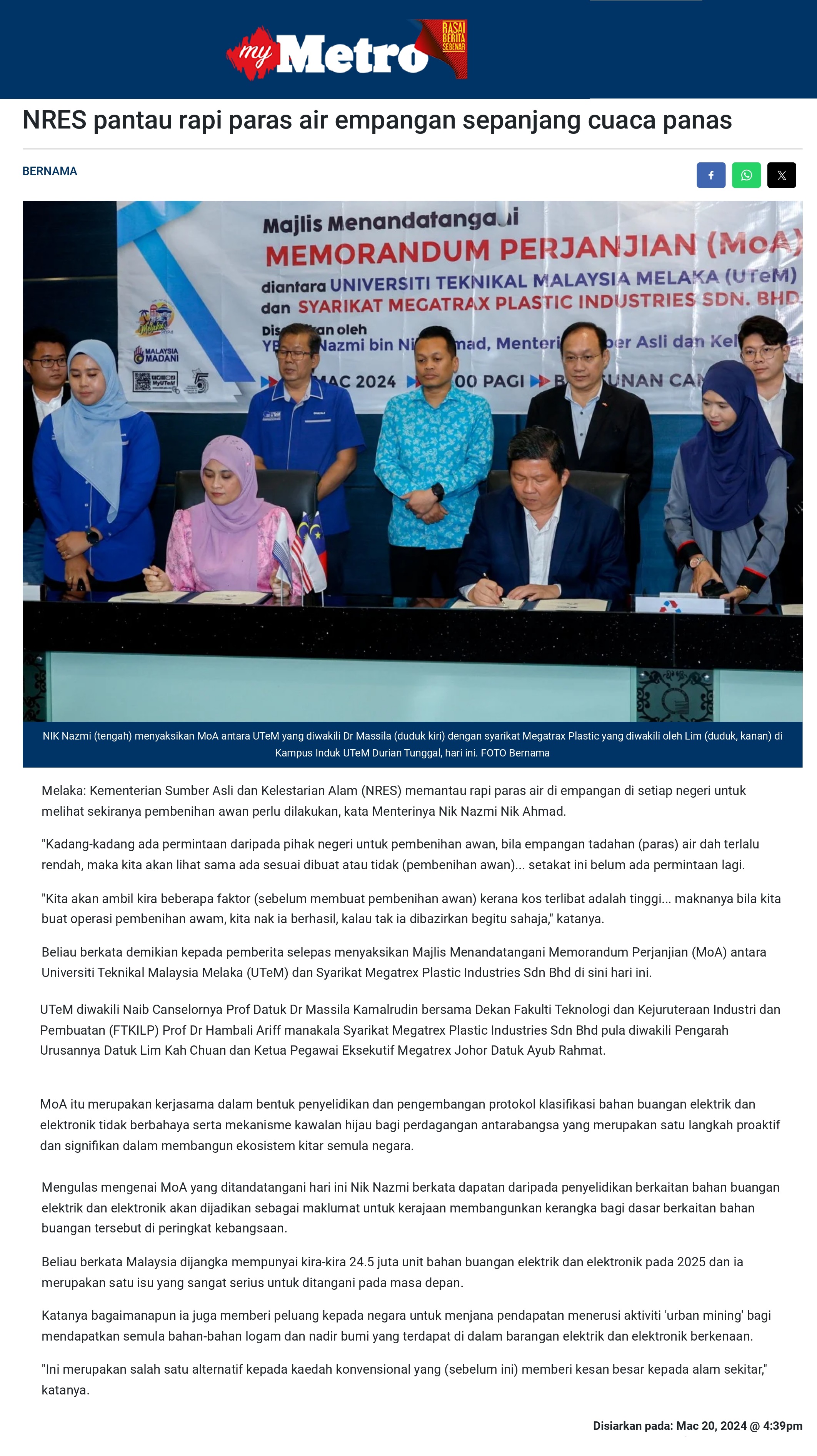 NRES pantau rapi paras air empangan sepanjang cuaca panas