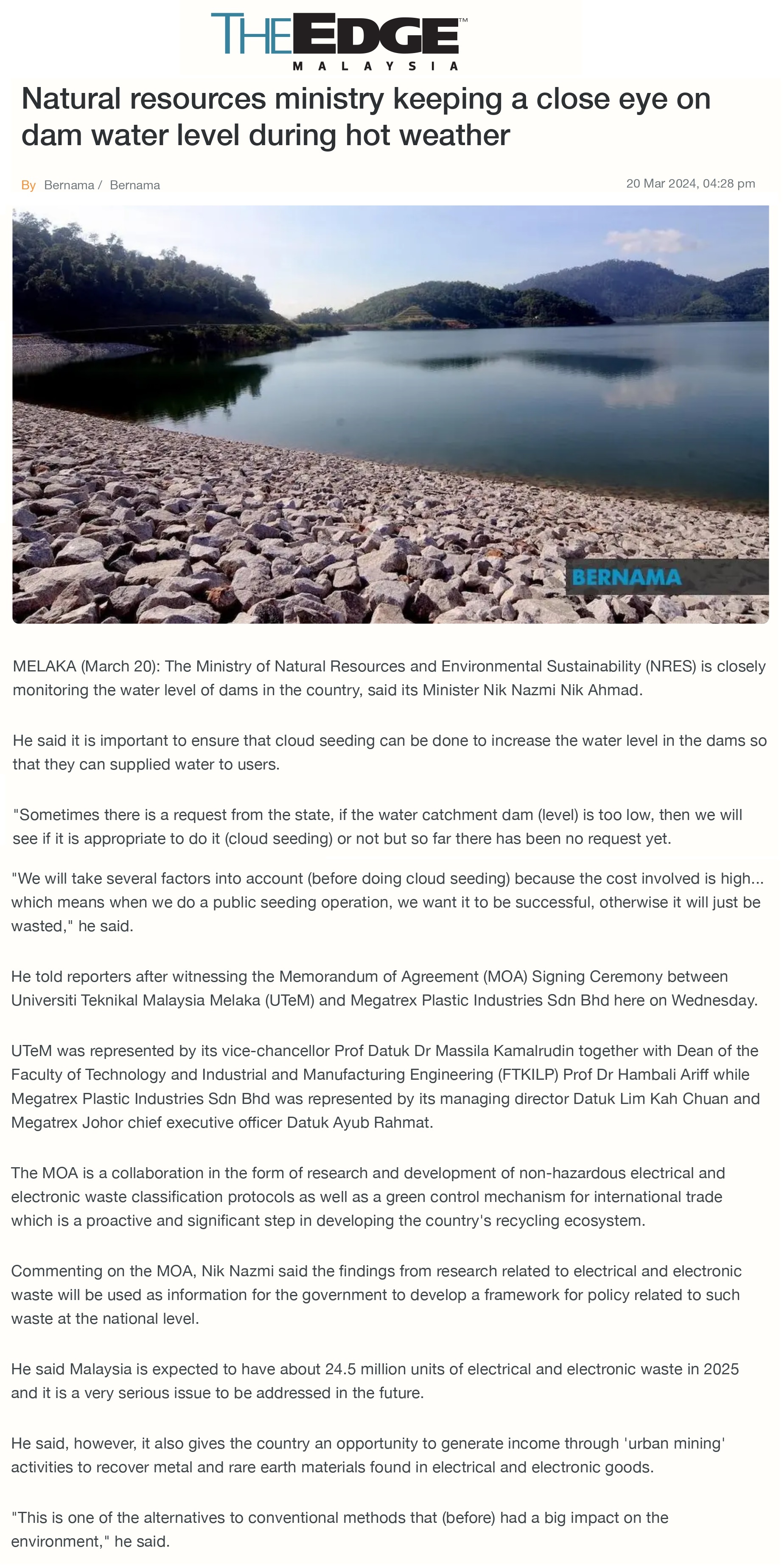 Natural resources ministry keeping a close eye on dam water level during hot weather