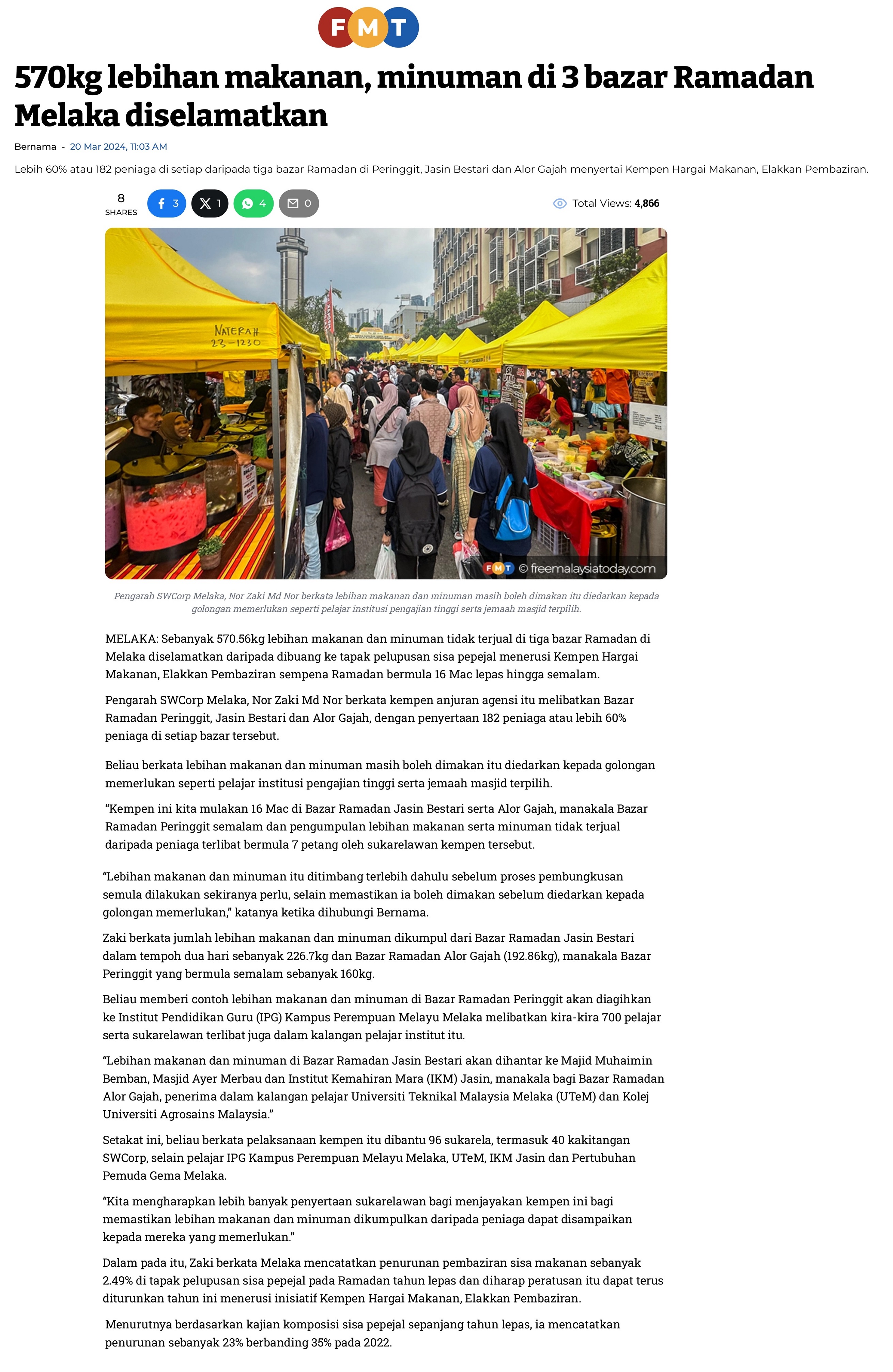 570kg lebihan makanan, minuman di 3 bazar Ramadan Melaka diselamatkan