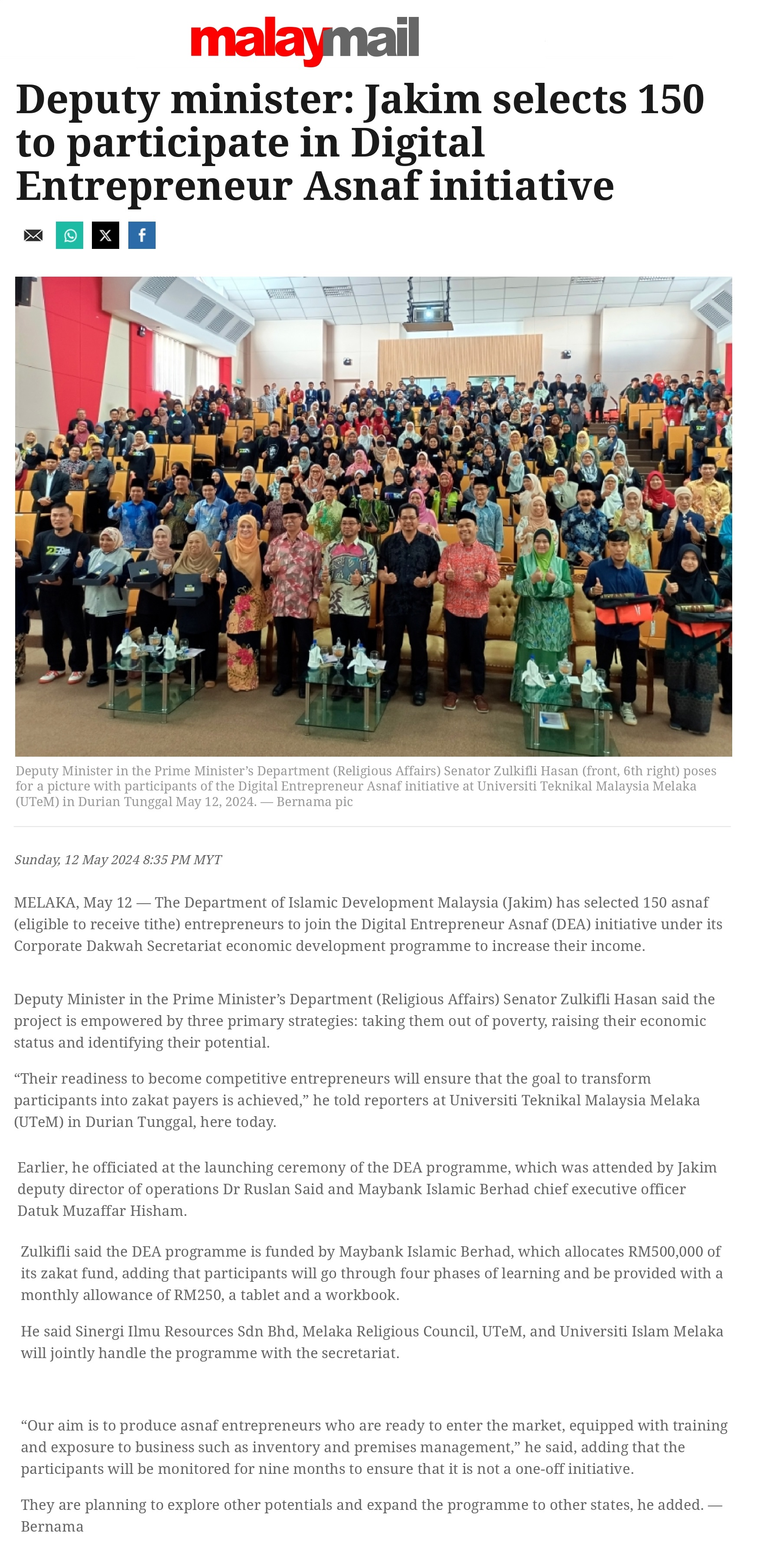  Deputy minister: Jakim selects 150 to participate in Digital Entrepreneur Asnaf initiative