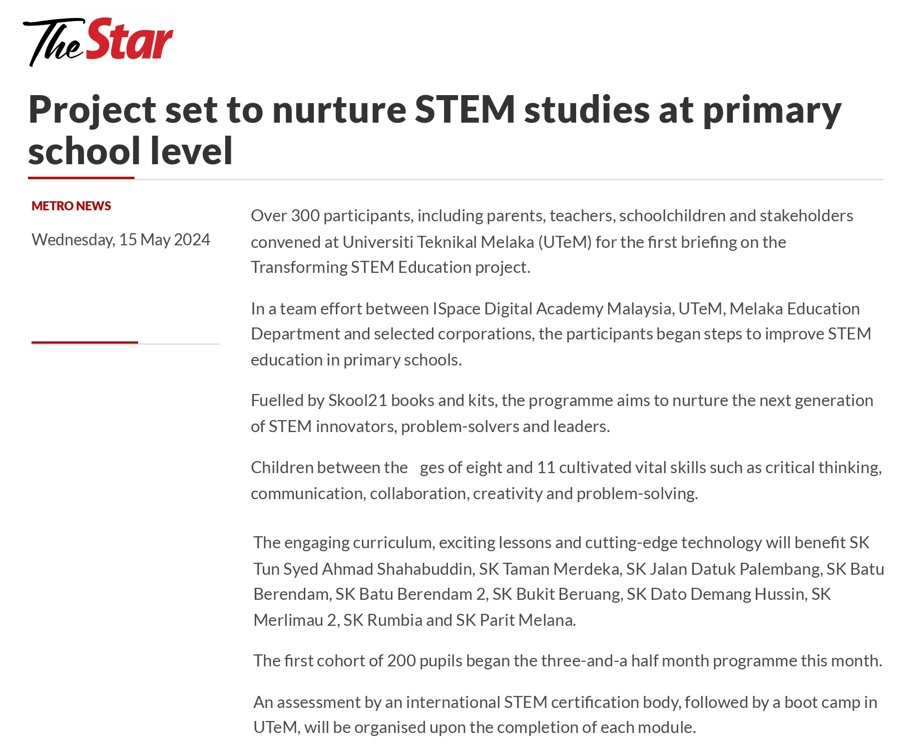Project set to nurture STEM studies at primary school level