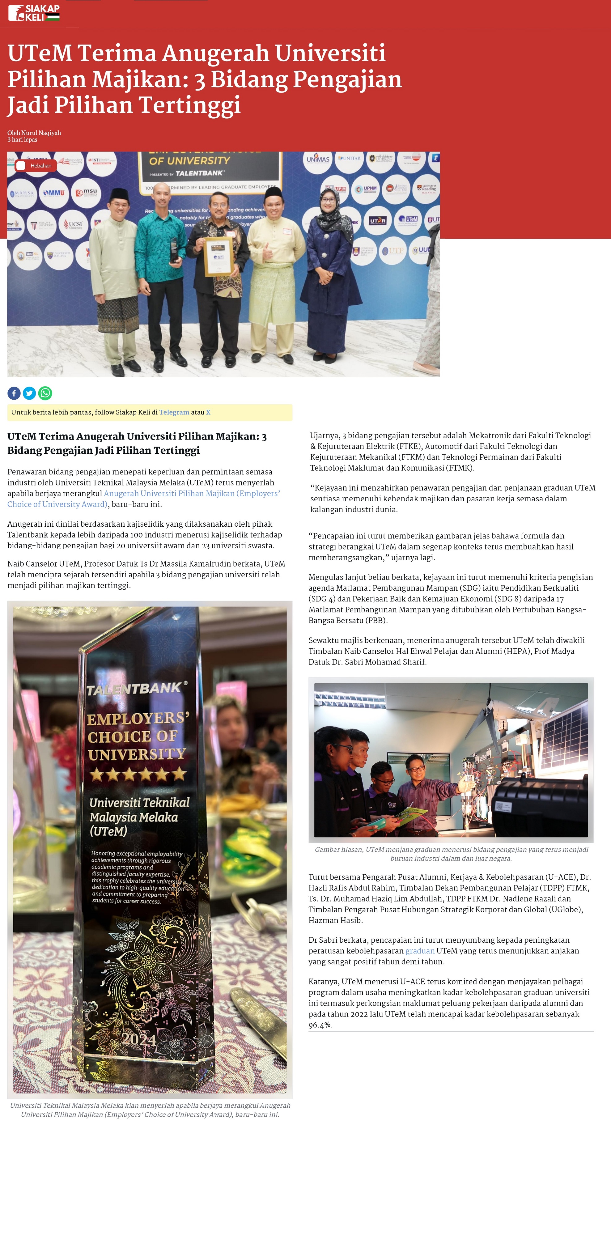 UTeM Terima Anugerah Universiti Pilihan Majikan: 3 Bidang Pengajian Jadi Pilihan Tertinggi 