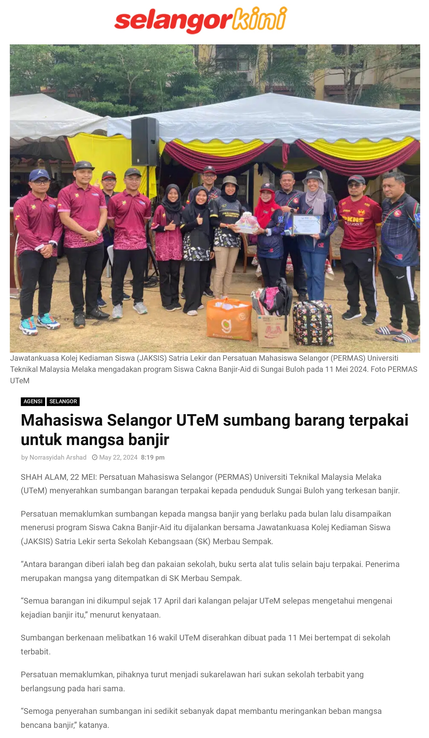 Mahasiswa Selangor UTeM sumbang barang terpakai untuk mangsa banjir