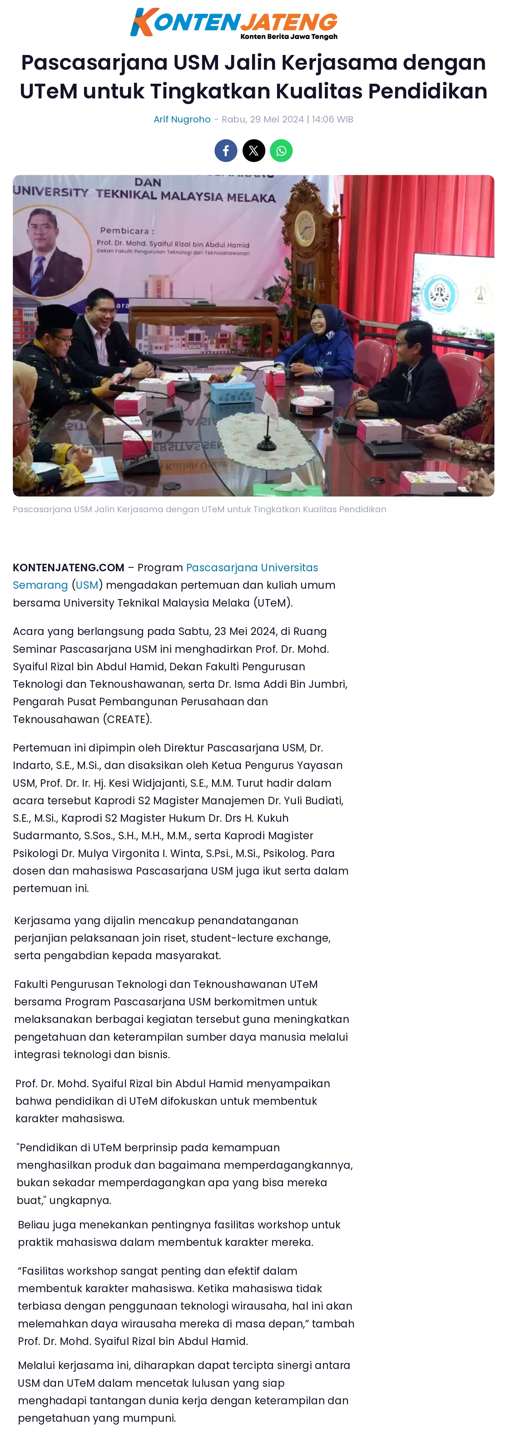 Pascasarjana USM Jalin Kerjasama dengan UTeM untuk Tingkatkan Kualitas Pendidikan