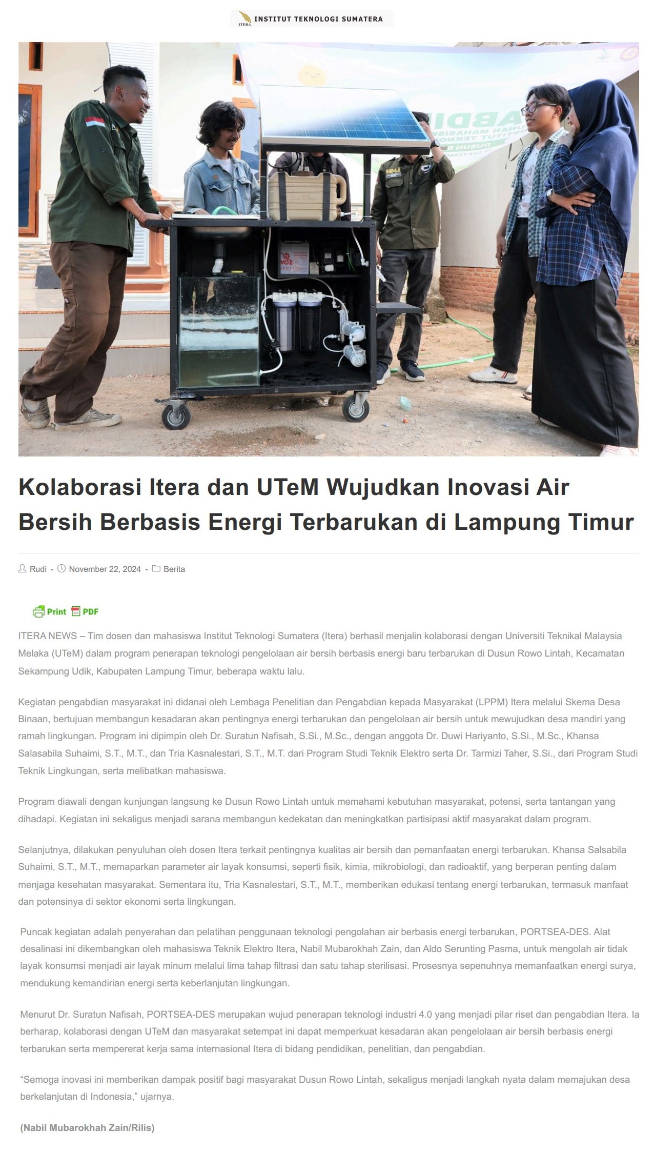 563 Kolaborasi Itera dan UTeM Wujudkan Inovasi Air Bersih Berbasis Energi Terbarukan di Lampung Timur 