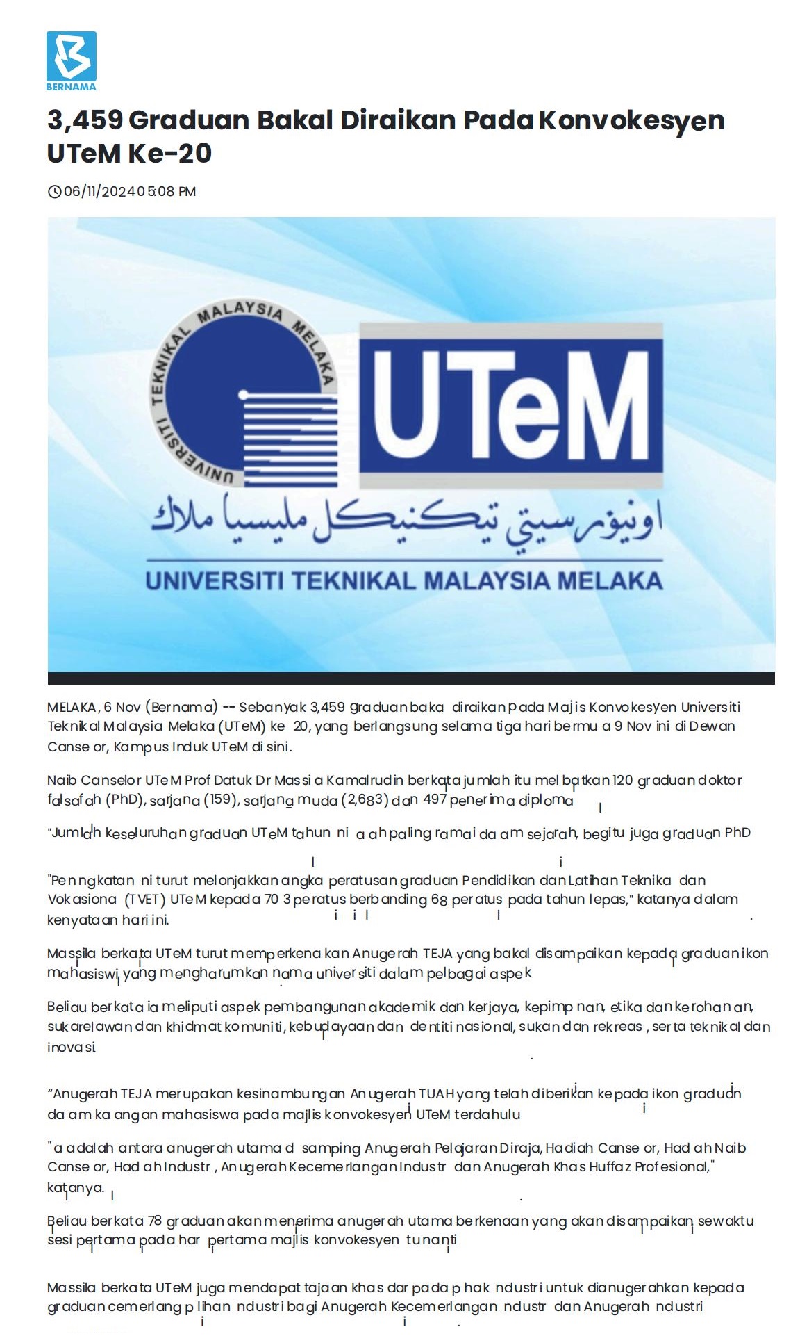 3,459 Graduan Bakal Diraikan Pada Konvokesyen UTeM Ke-20