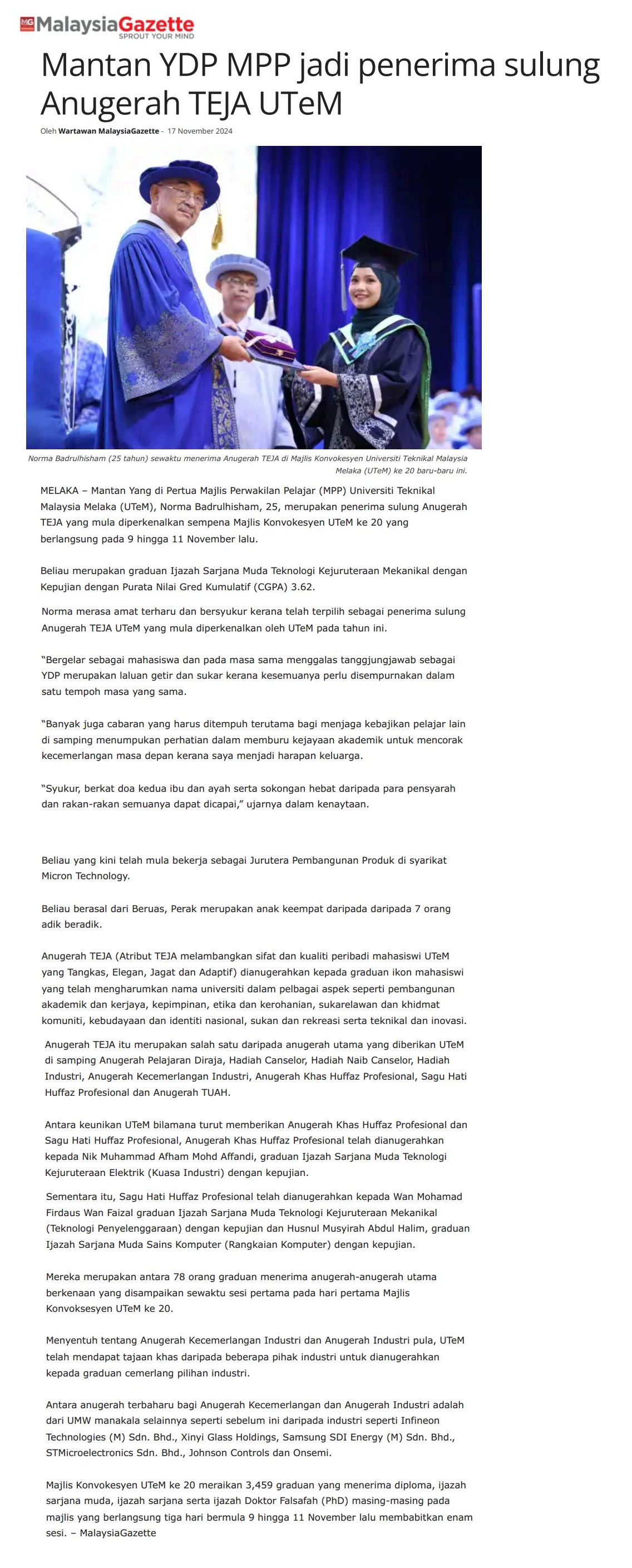 658 Mantan YDP MPP jadi penerima sulung Anugerah TEJA UTeM 