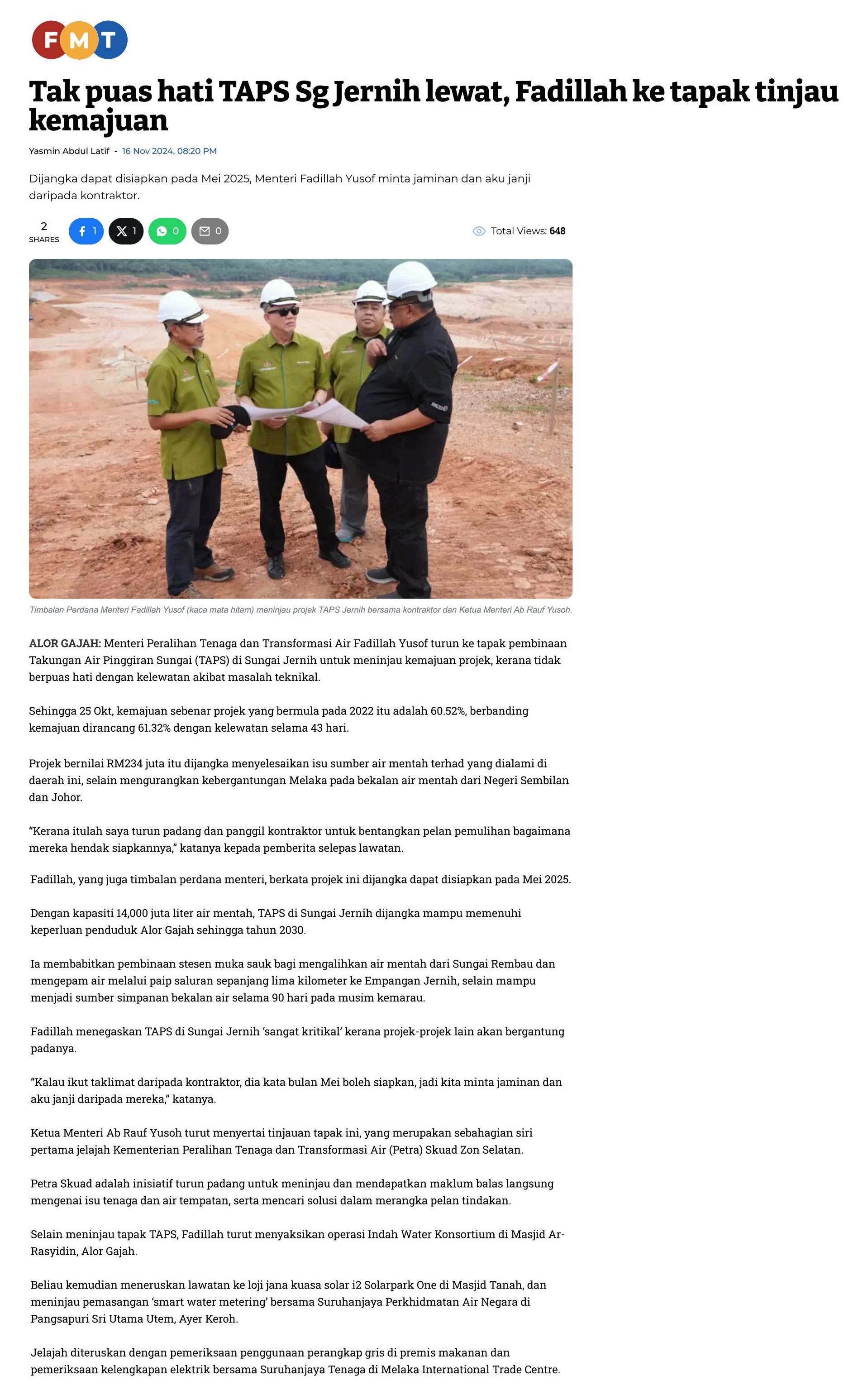 660 Tak puas hati TAPS Sg Jernih lewat, Fadillah ke tapak tinjau kemajuan 