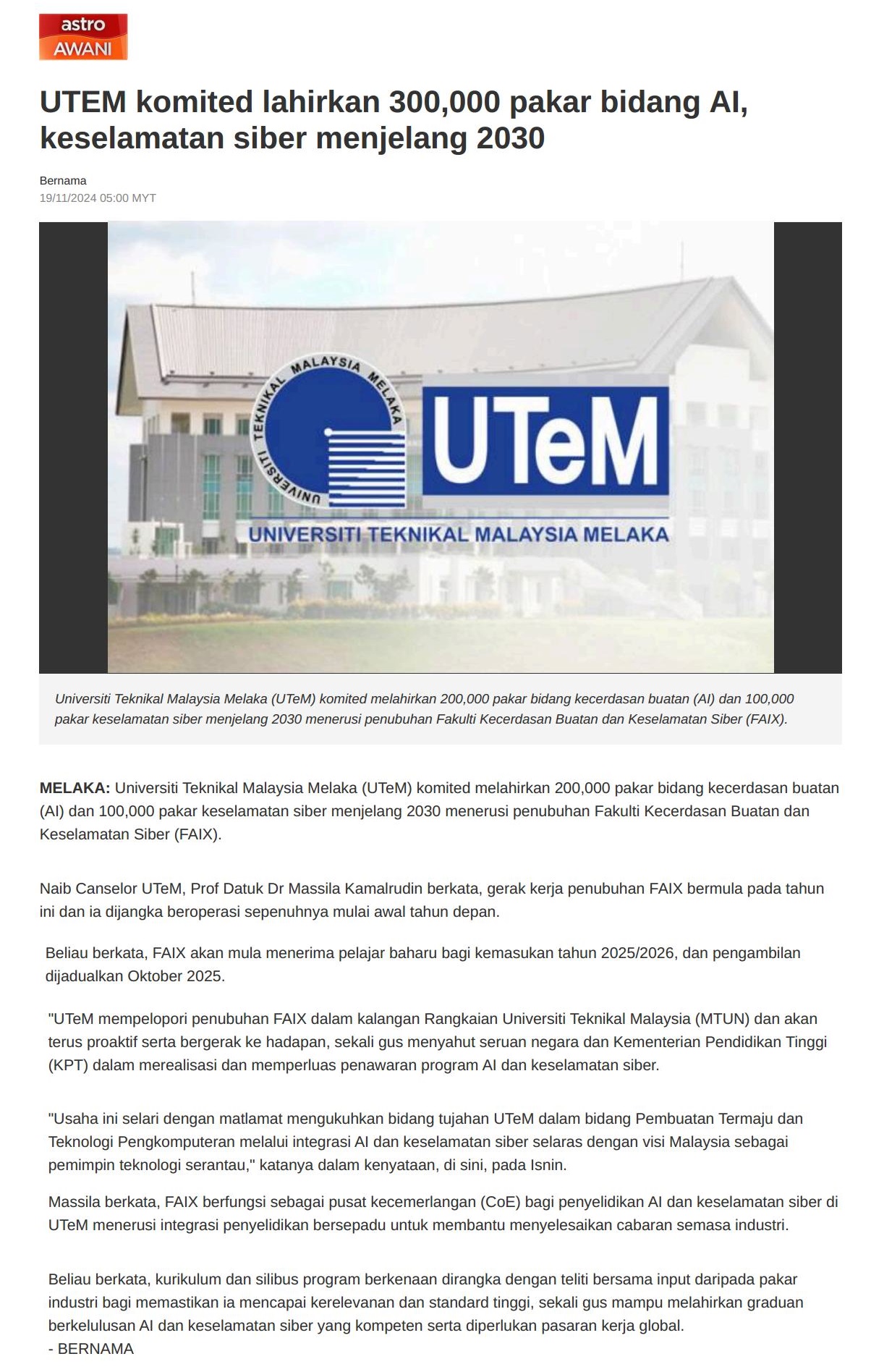 669 UTEM komited lahirkan 300,000 pakar bidang AI, keselamatan siber menjelang 2030 