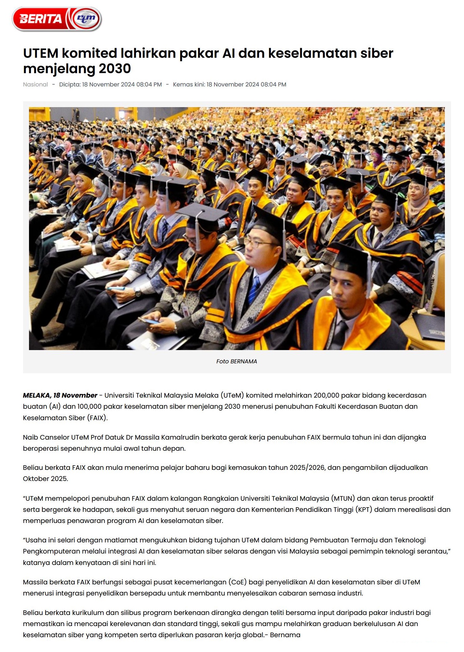 670 UTEM komited lahirkan pakar AI dan keselamatan siber menjelang 2030 