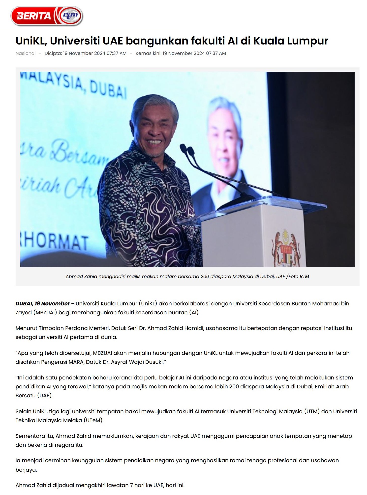 673 UniKL, Universiti UAE bangunkan fakulti AI di Kuala Lumpur 