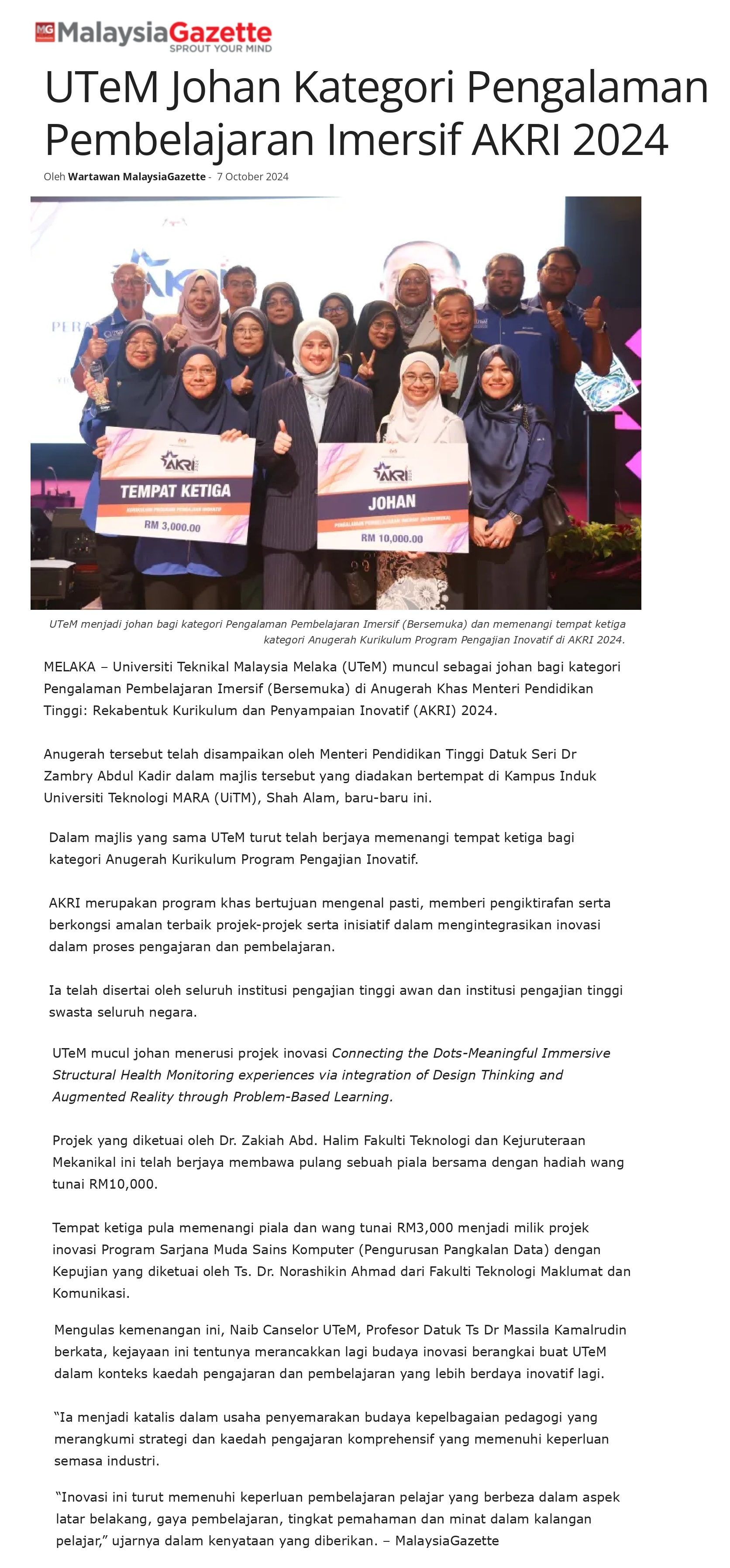 UTeM Johan Kategori Pengalaman Pembelajaran Imersif AKRI 2024