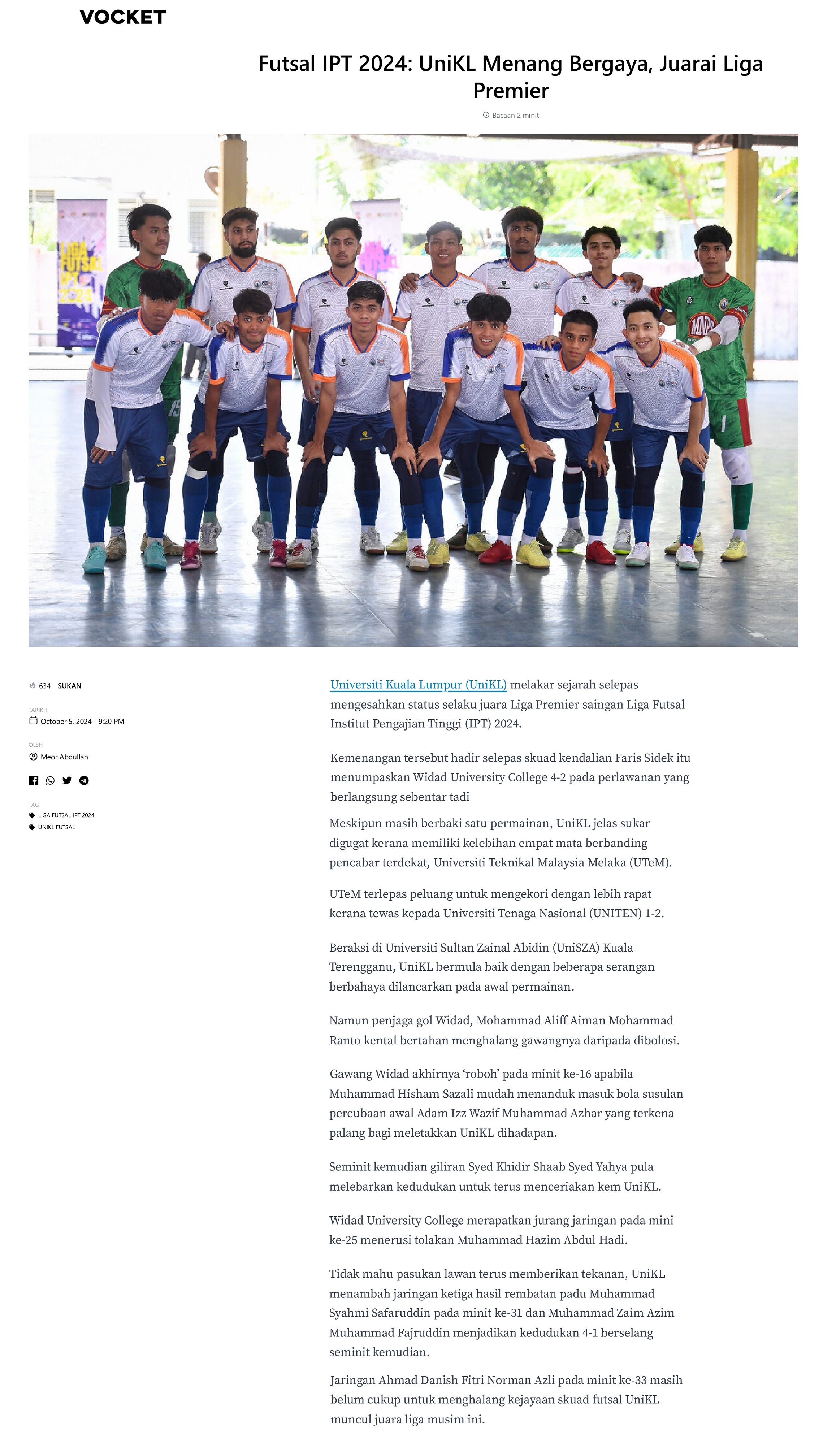 Futsal IPT 2024: UniKL Menang Bergaya, Juarai Liga Premier