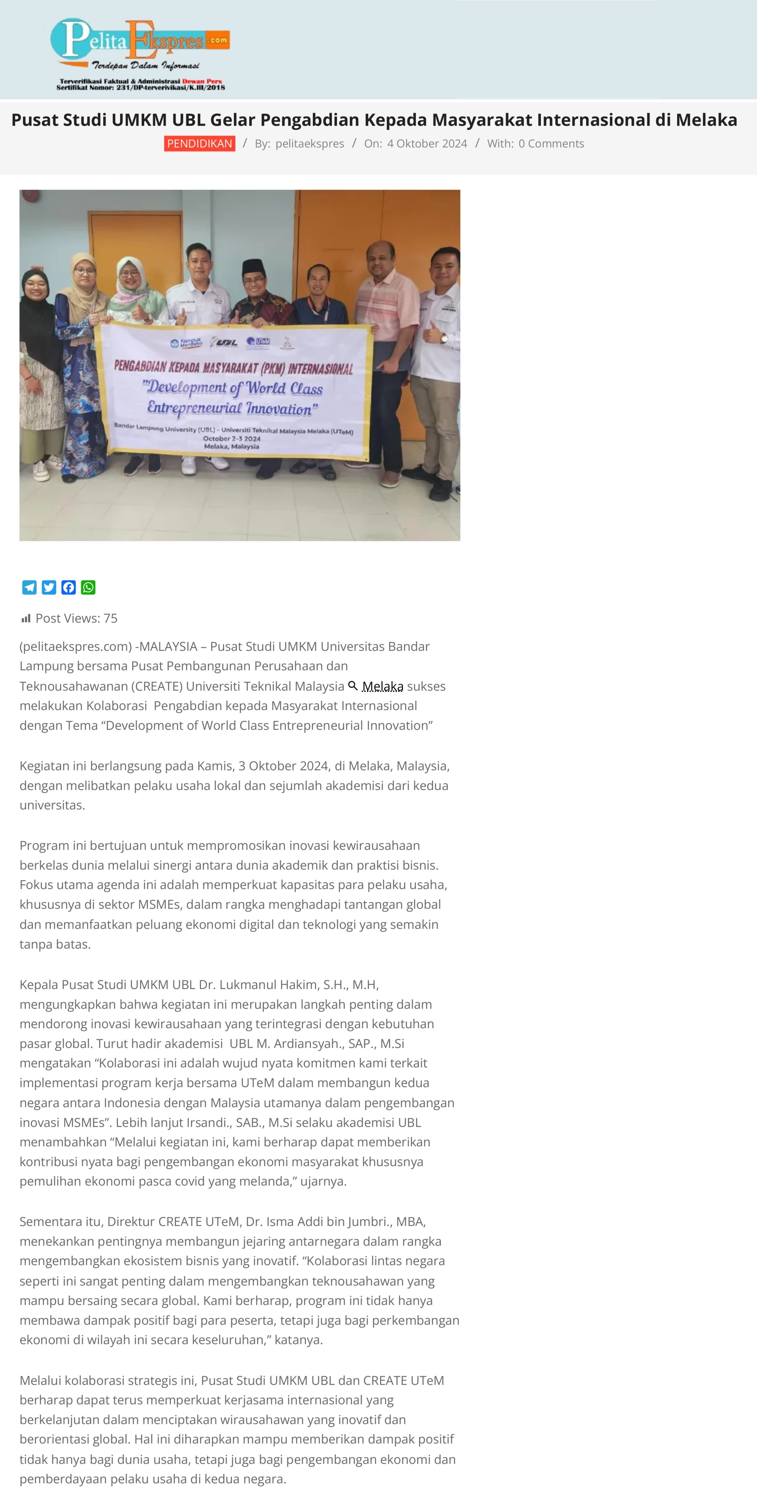 Pusat Studi UMKM UBL Gelar Pengabdian Kepada Masyarakat Internasional di Melaka