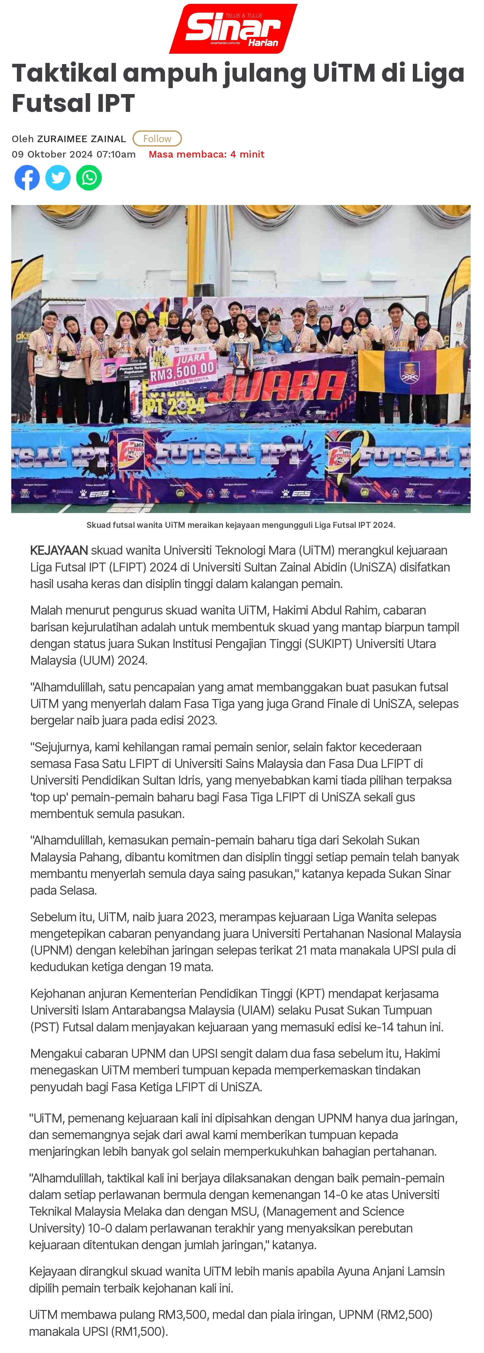 Taktikal ampuh julang UiTM di Liga Futsal IPT