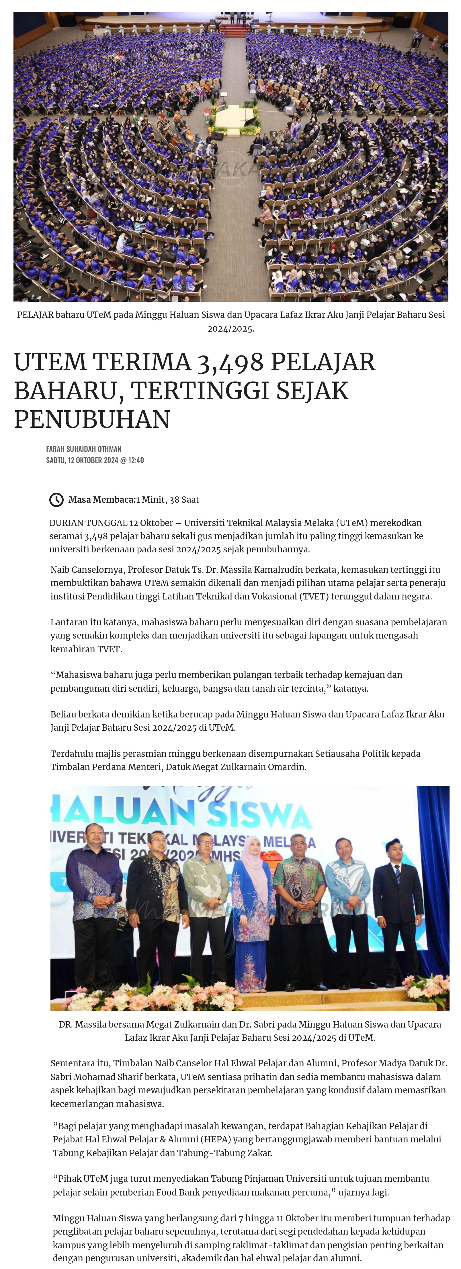 UTEM TERIMA 3,498 PELAJAR BAHARU, TERTINGGI SEJAK PENUBUHAN