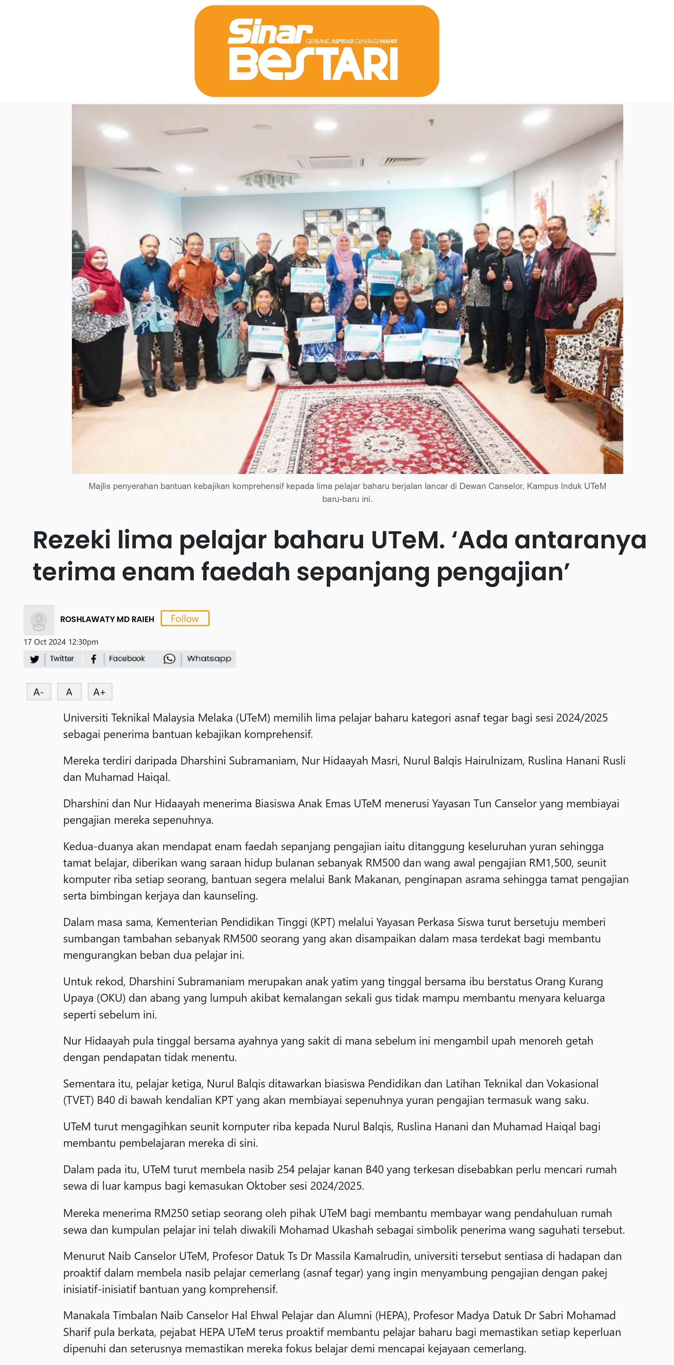 Rezeki lima pelajar baharu UTeM. ‘Ada antaranya terima enam faedah sepanjang pengajian’