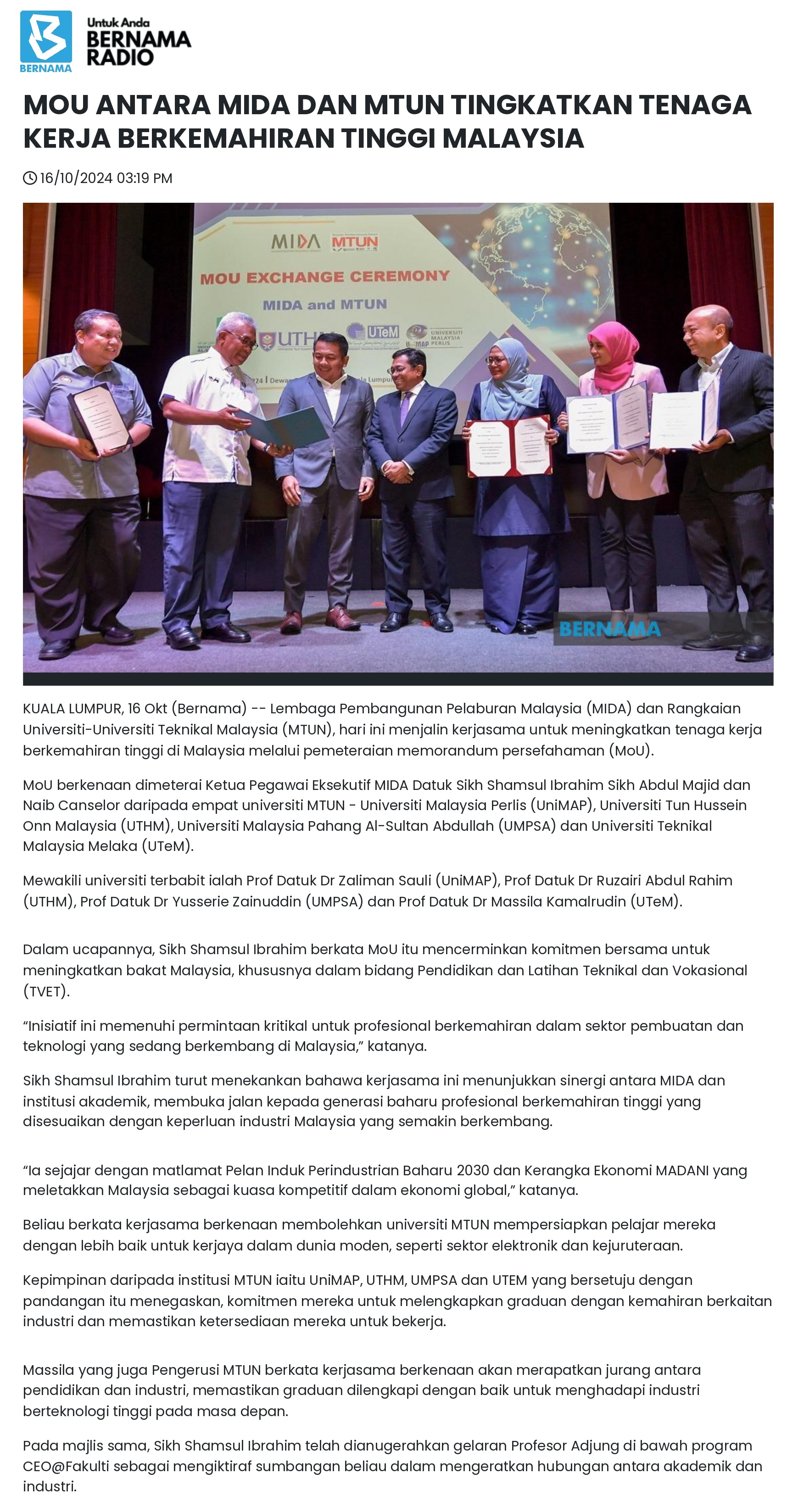 MOU ANTARA MIDA DAN MTUN TINGKATKAN TENAGA KERJA BERKEMAHIRAN TINGGI MALAYSIA