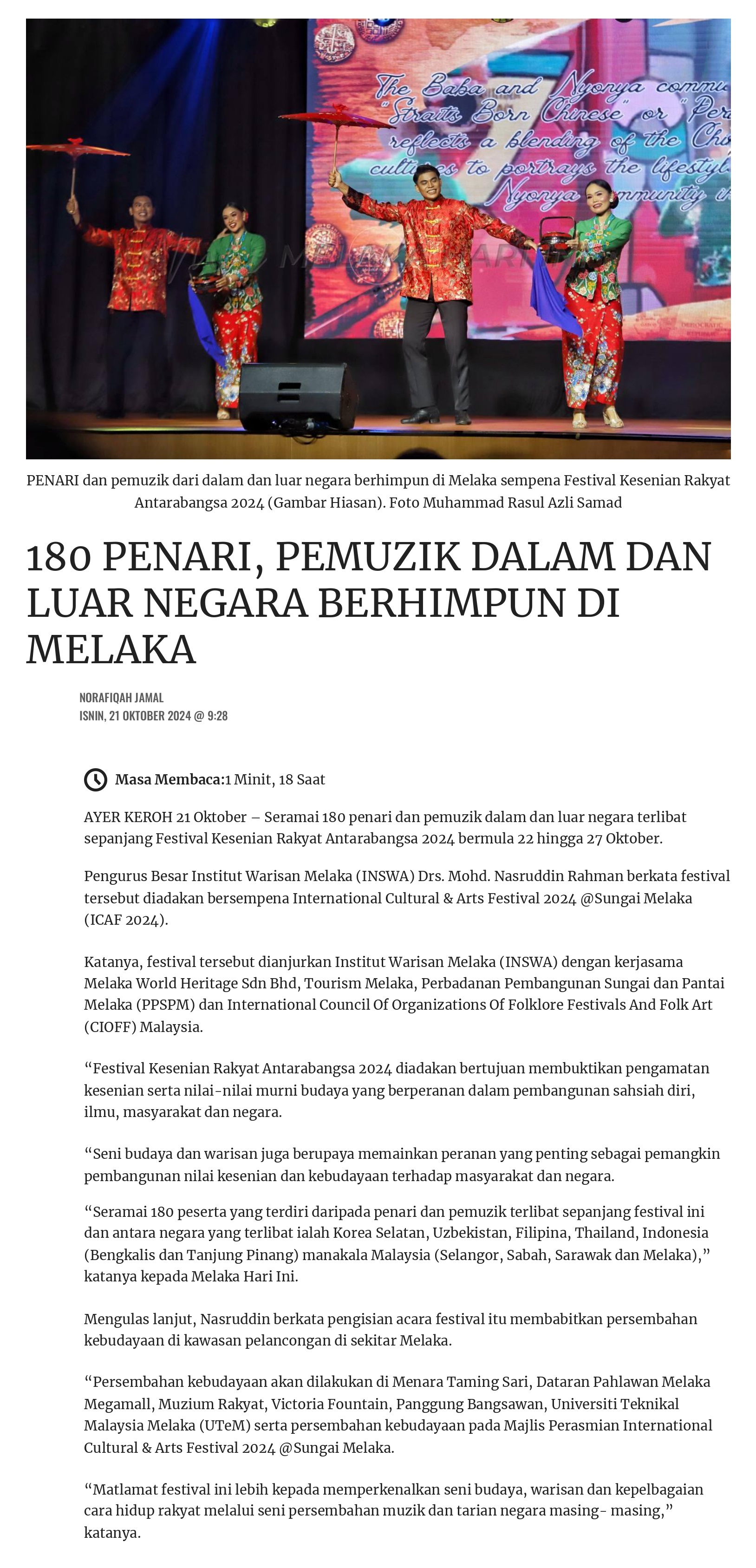 180 PENARI, PEMUZIK DALAM DAN LUAR NEGARA BERHIMPUN DI MELAKA