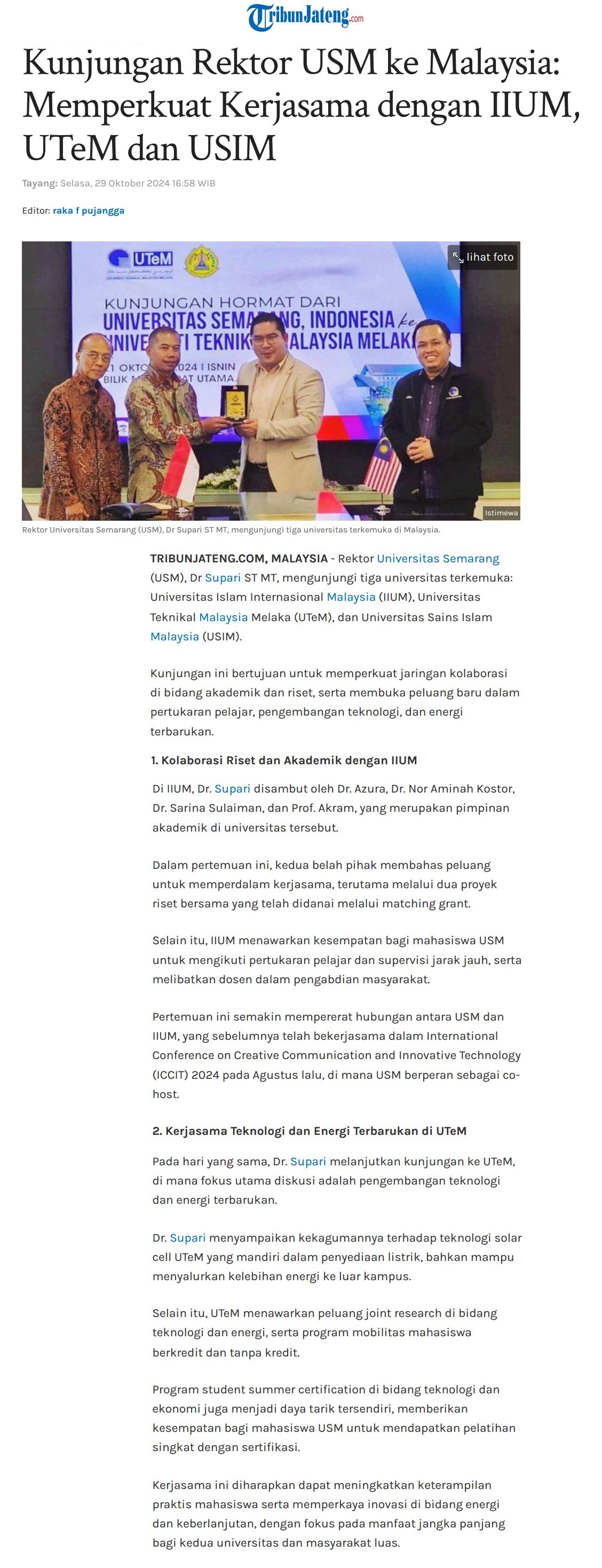 Kunjungan Rektor USM ke Malaysia: Memperkuat Kerjasama dengan IIUM, UTeM dan USIM