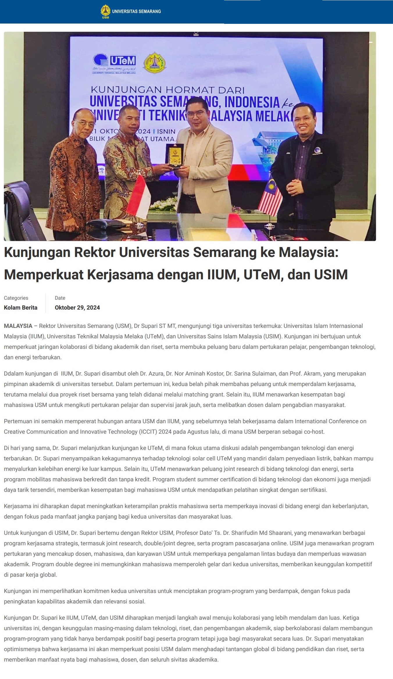 Kunjungan Rektor Universitas Semarang ke Malaysia: Memperkuat Kerjasama dengan IIUM, UTeM, dan USIM