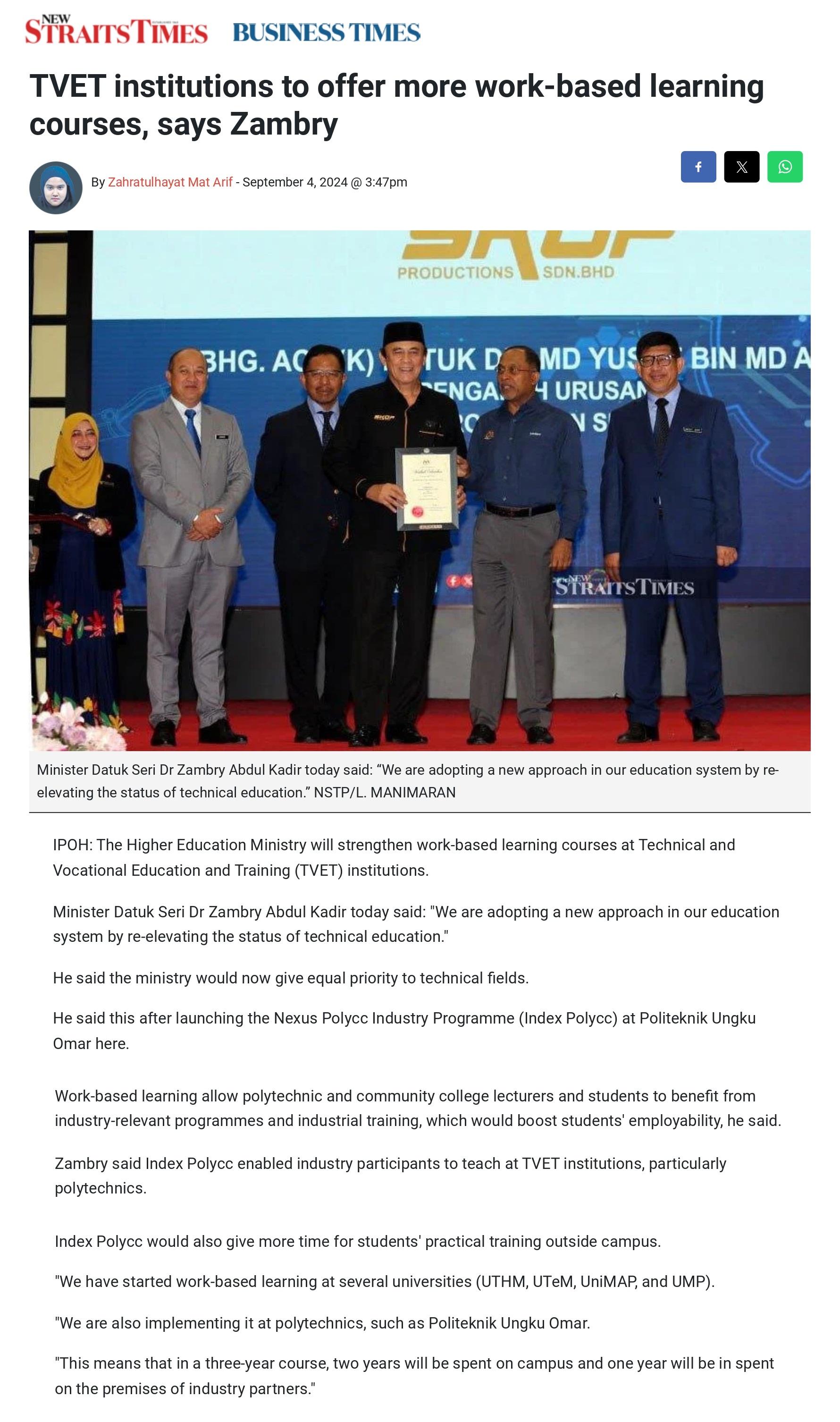 TVET institutions to offer more work-based learning courses, says Zambry