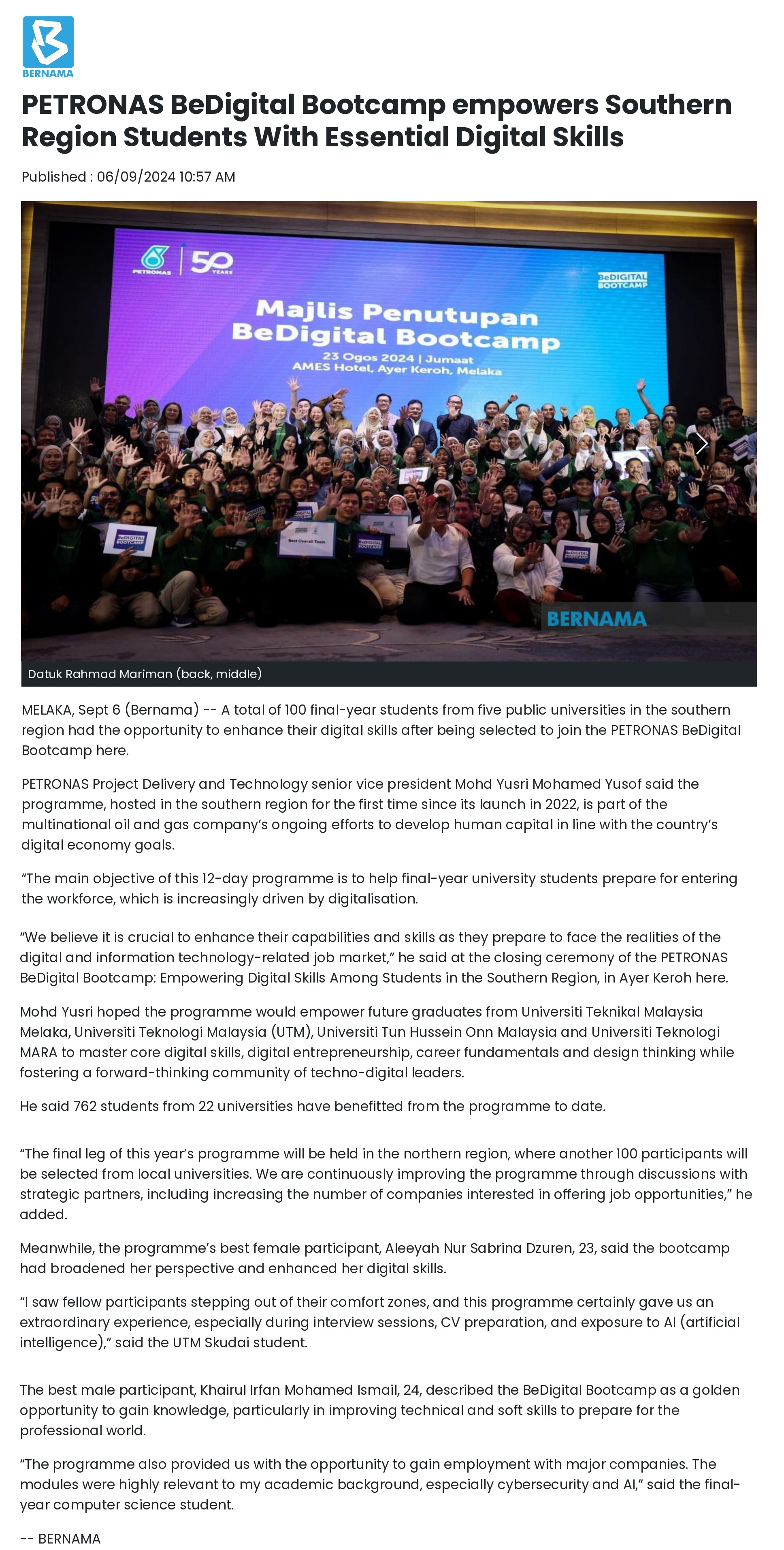 PETRONAS BeDigital Bootcamp empowers Southern Region Students With Essential Digital Skills