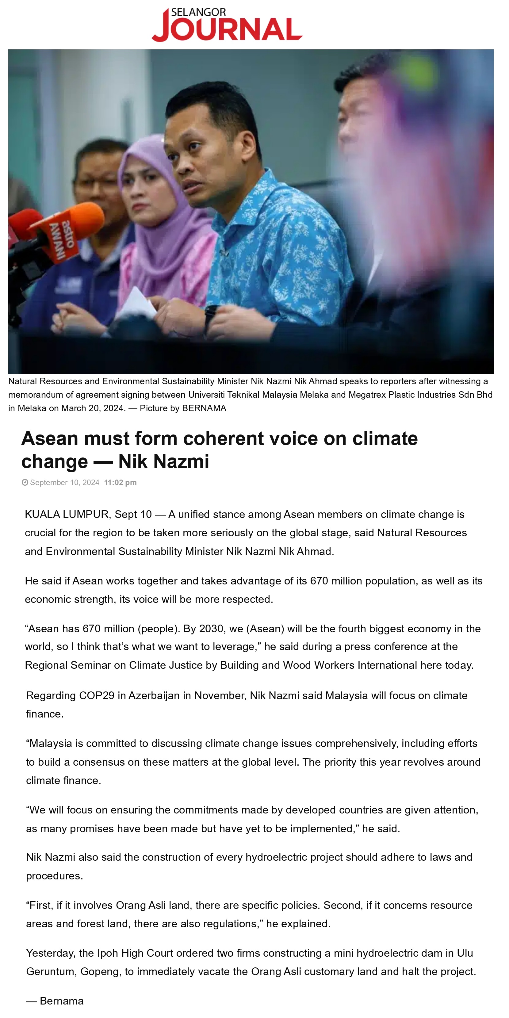 Asean must form coherent voice on climate change — Nik Nazmi