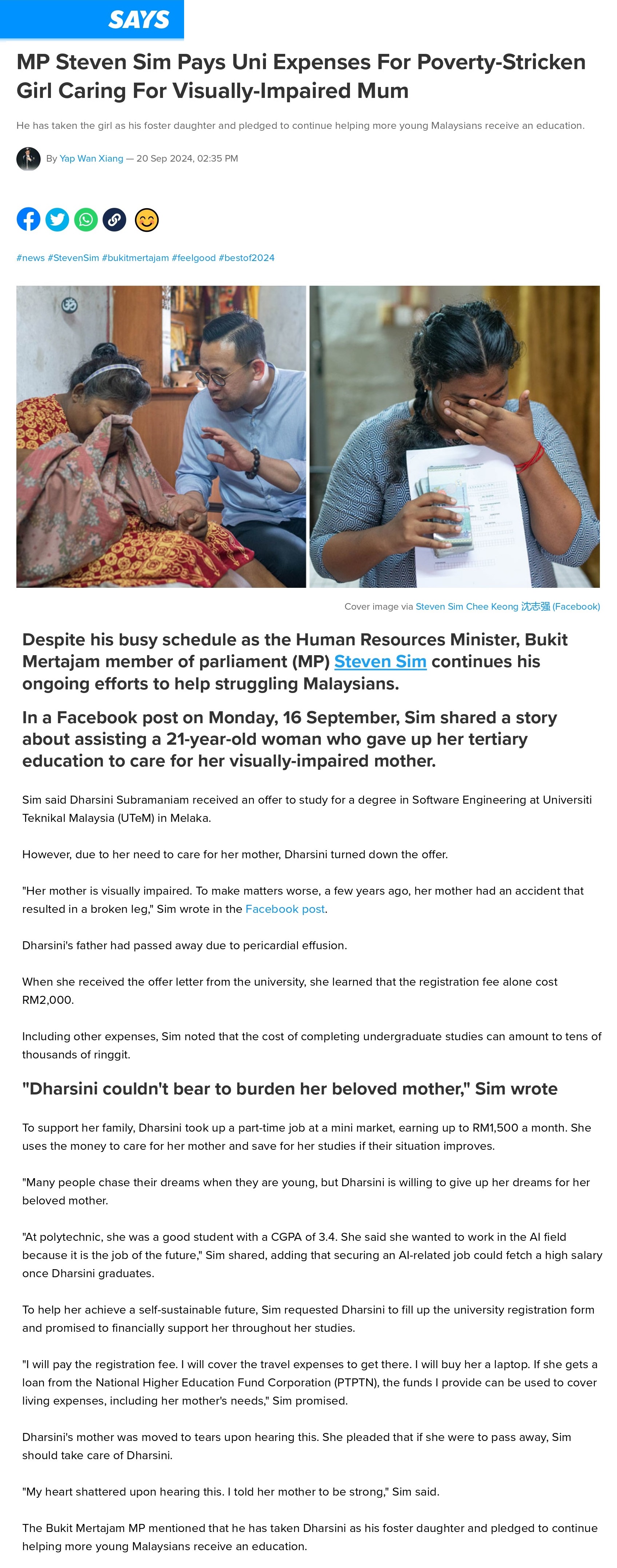 MP Steven Sim Pays Uni Expenses For Poverty-Stricken Girl Caring For Visually-Impaired Mum