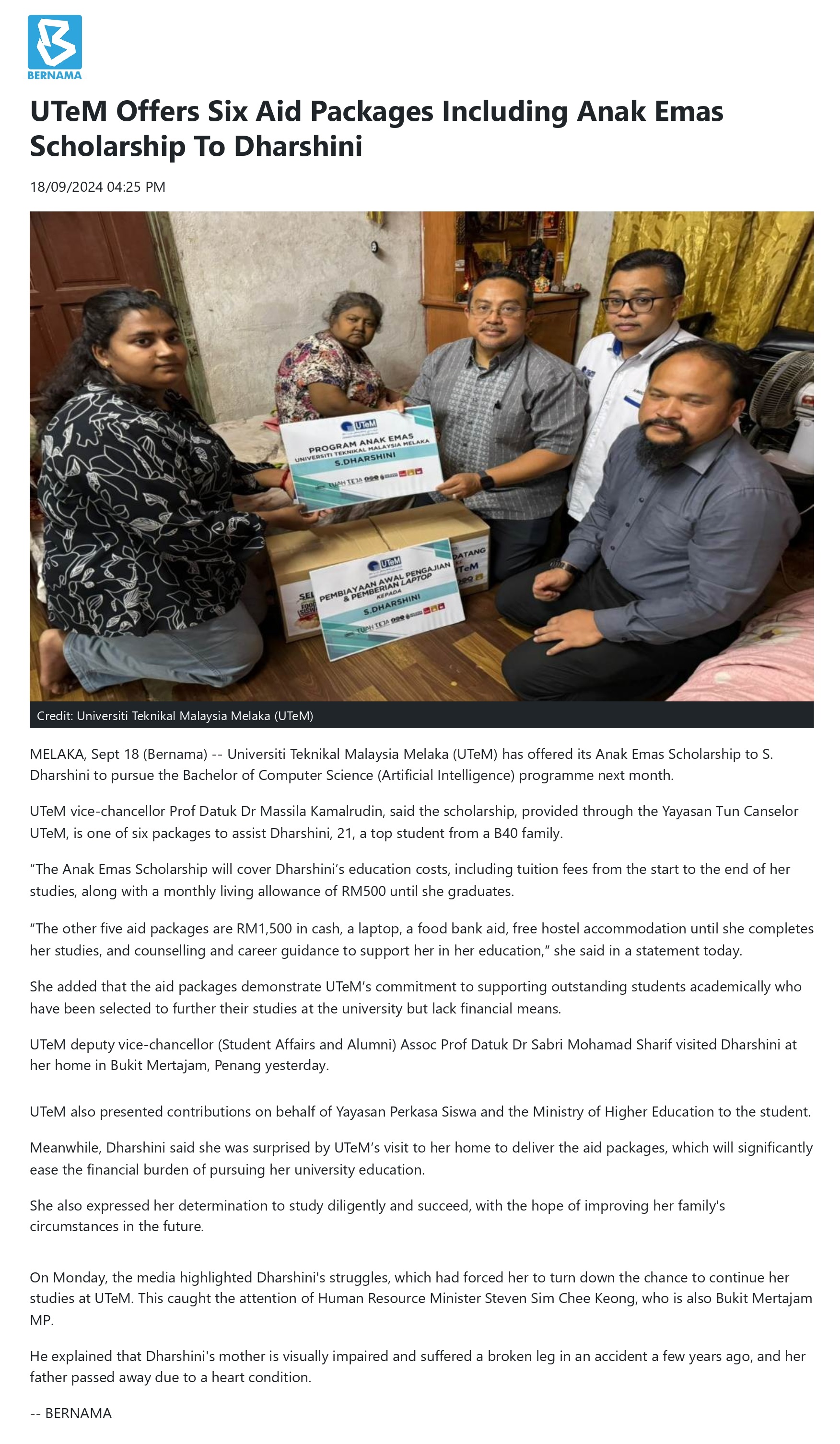 UTeM Offers Six Aid Packages Including Anak Emas Scholarship To Dharshini