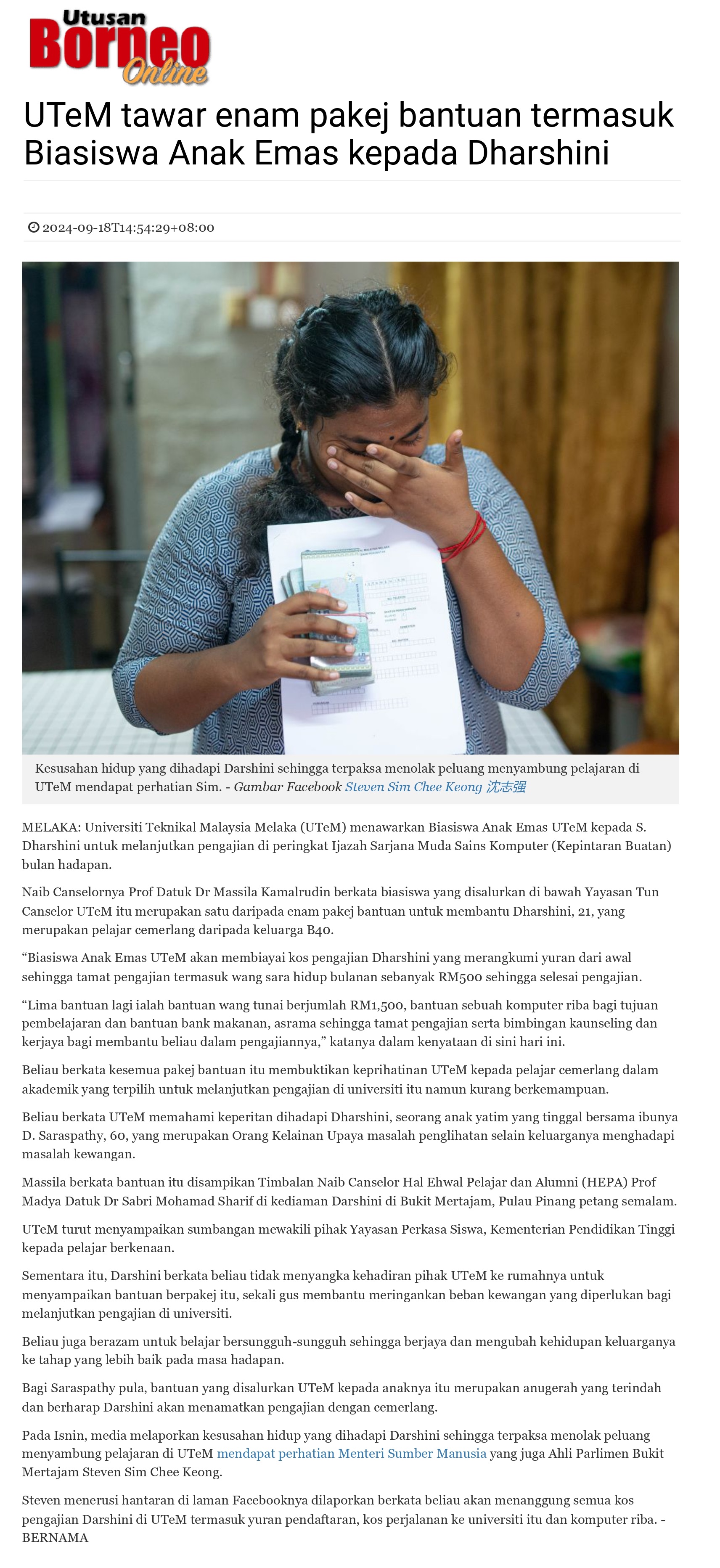 UTeM tawar enam pakej bantuan termasuk Biasiswa Anak Emas kepada Dharshini