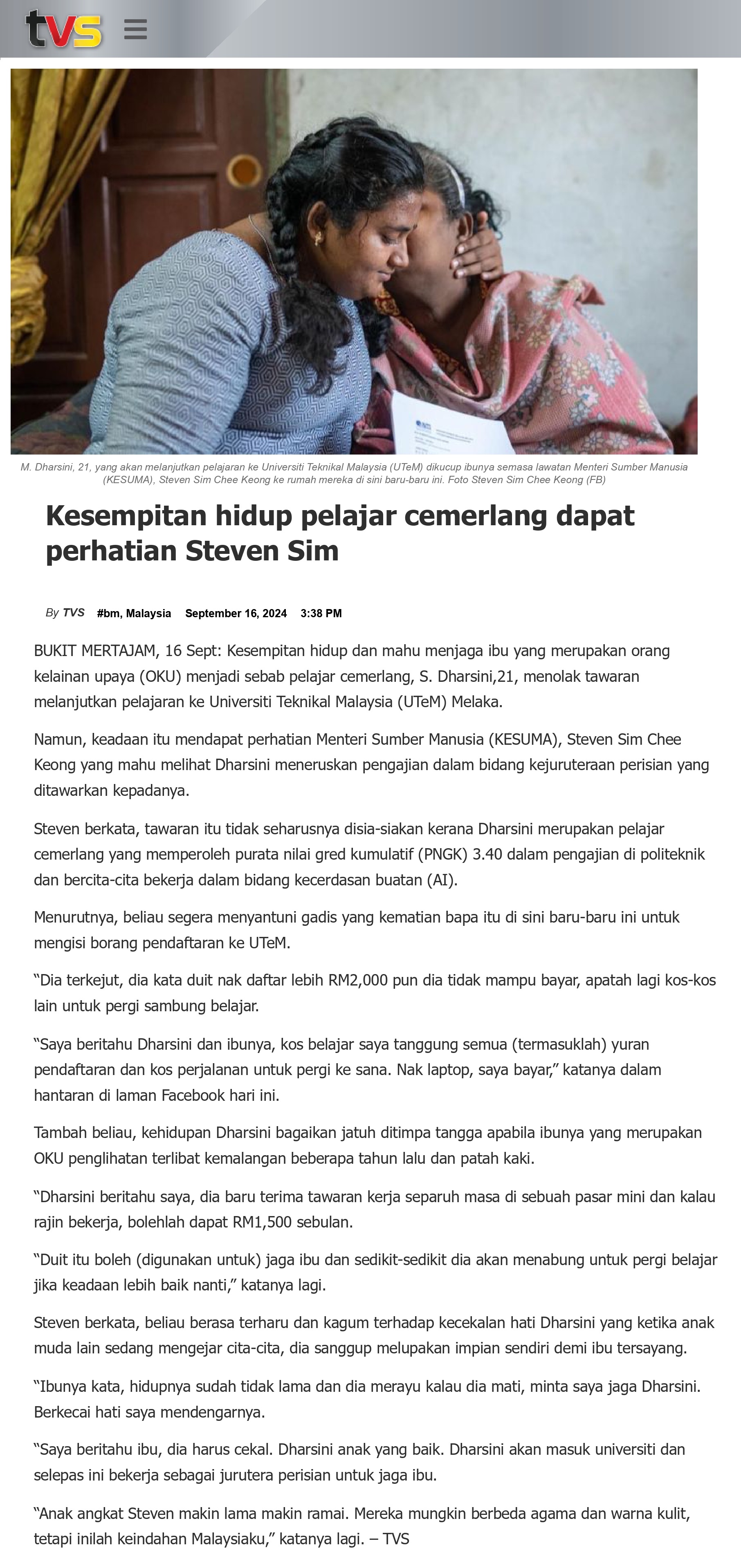 Kesempitan hidup pelajar cemerlang dapat perhatian Steven Sim