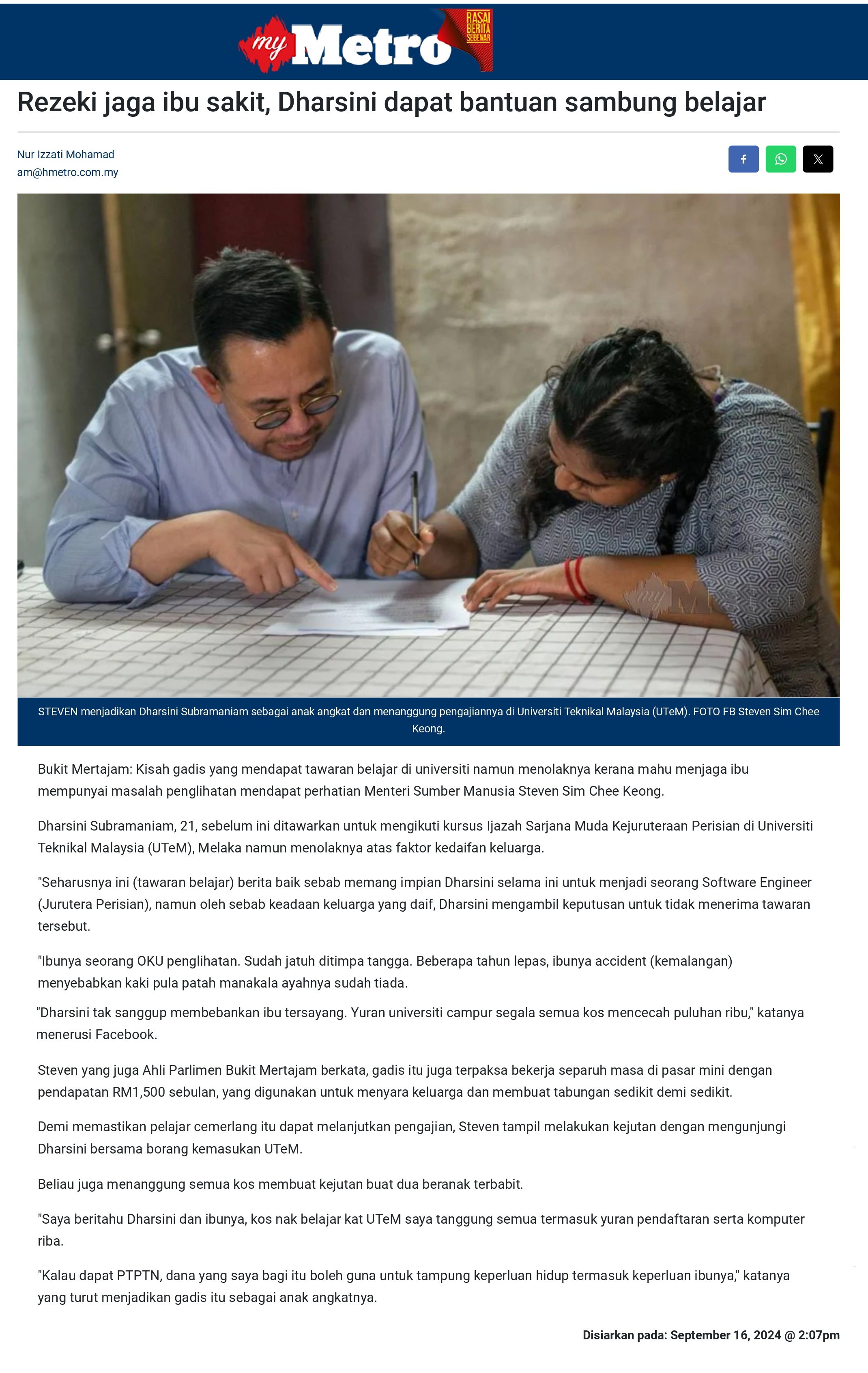 Rezeki jaga ibu sakit, Dharsini dapat bantuan sambung belajar
