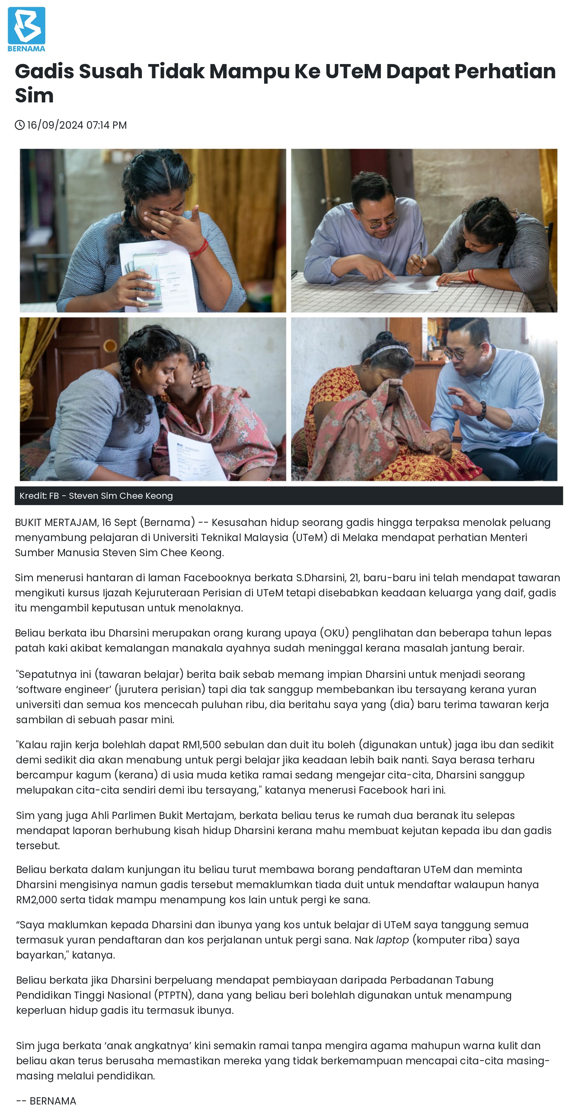 Gadis Susah Tidak Mampu Ke UTeM Dapat Perhatian Sim