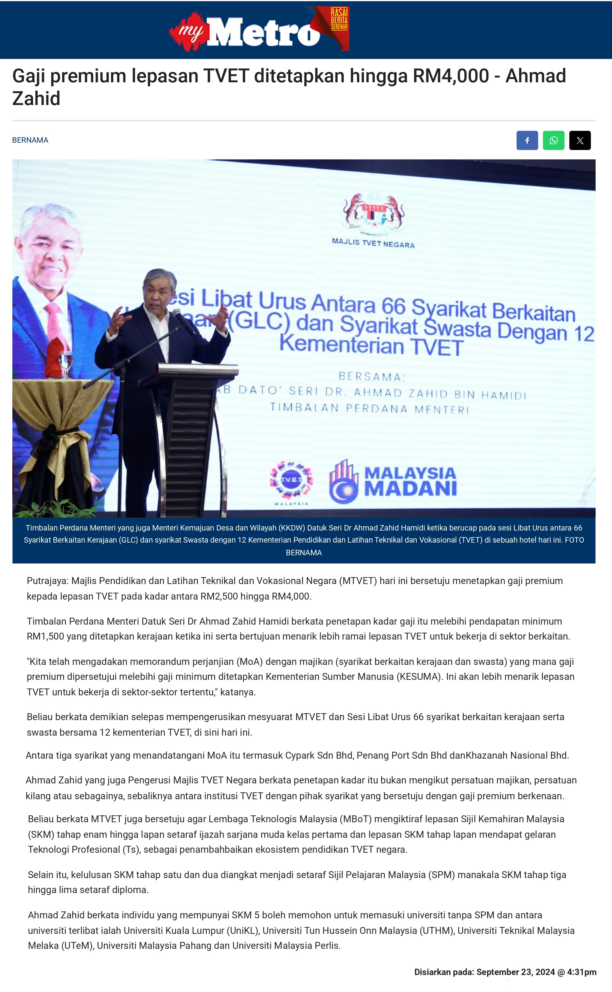 Gaji premium lepasan TVET ditetapkan hingga RM4,000 - Ahmad Zahid