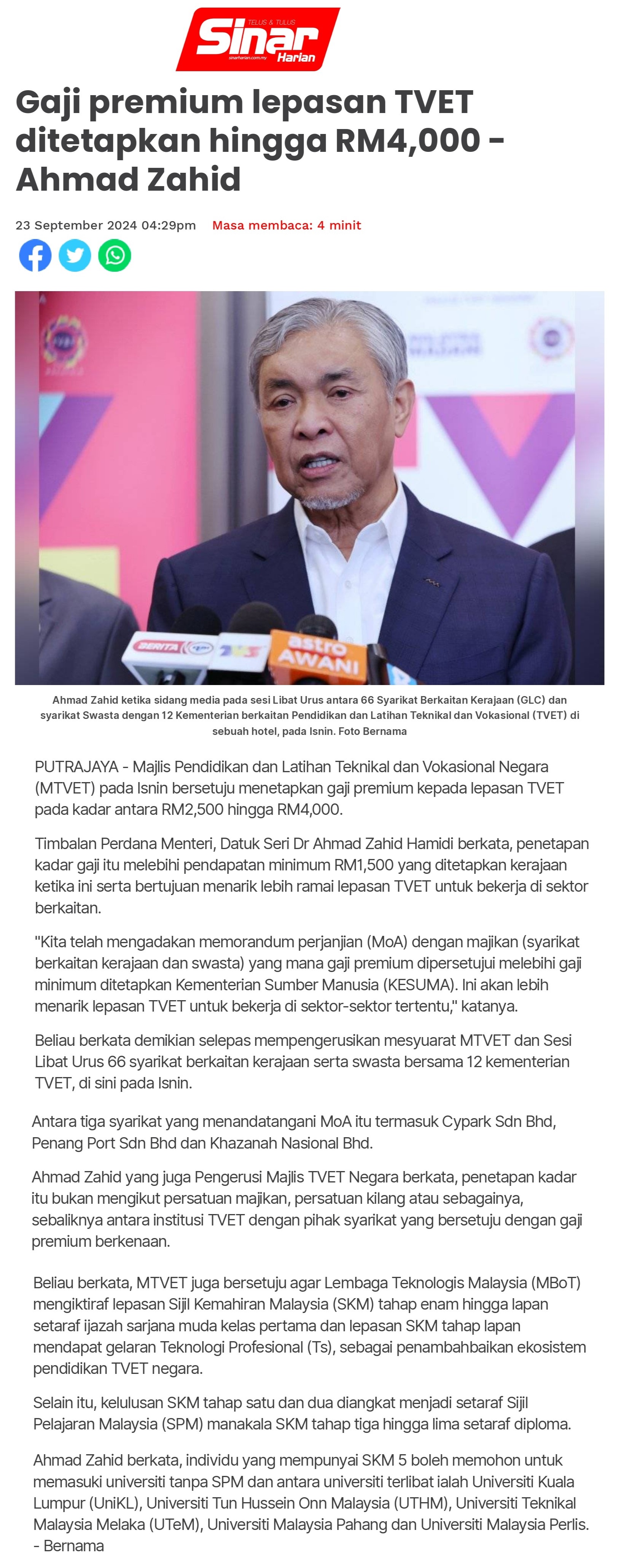 Gaji premium lepasan TVET ditetapkan hingga RM4,000 - Ahmad Zahid