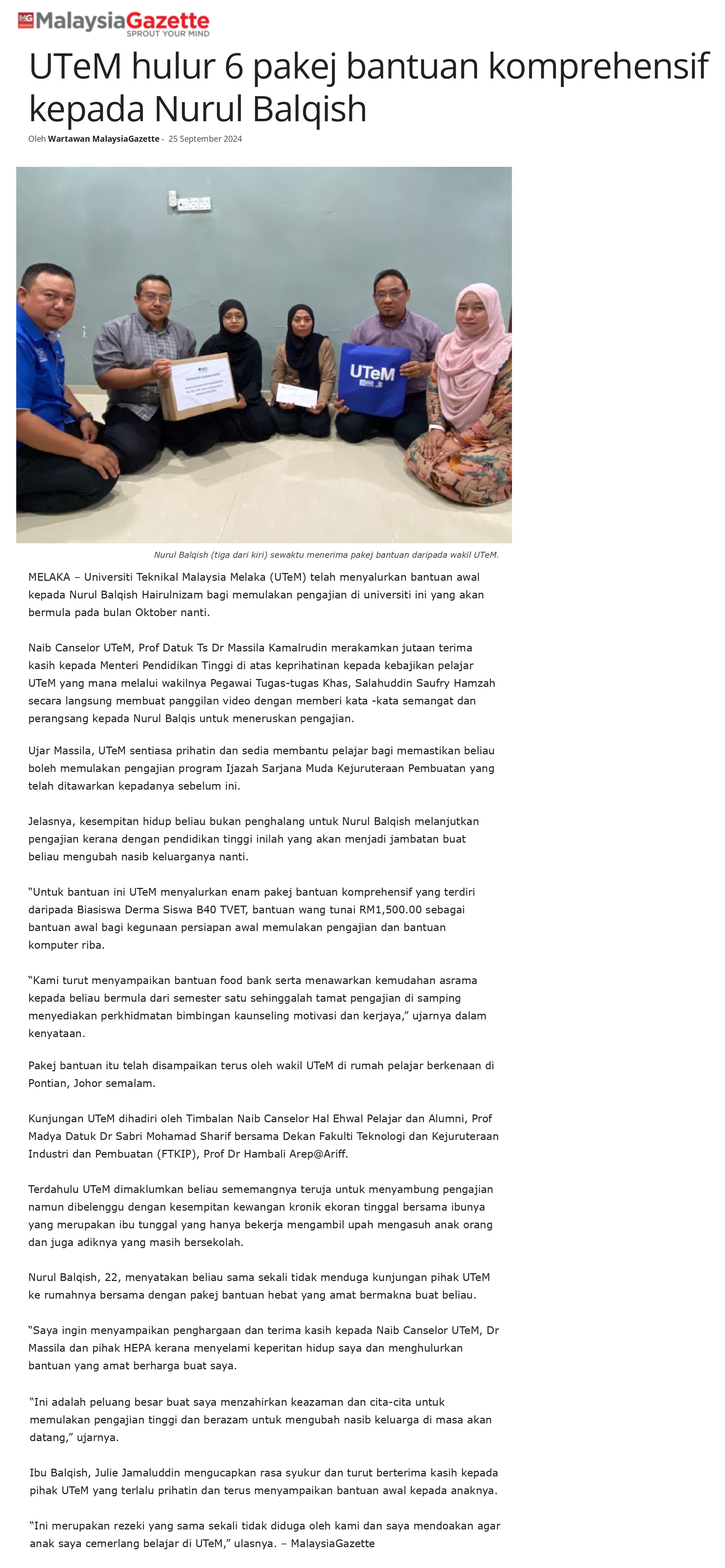UTeM hulur 6 pakej bantuan komprehensif kepada Nurul Balqish