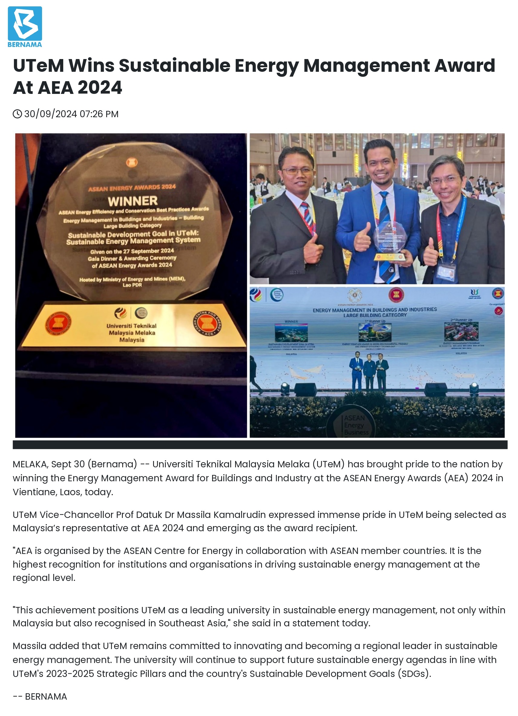 BERNAMA - UTeM Wins Sustainable Energy Management Award At AEA 2024