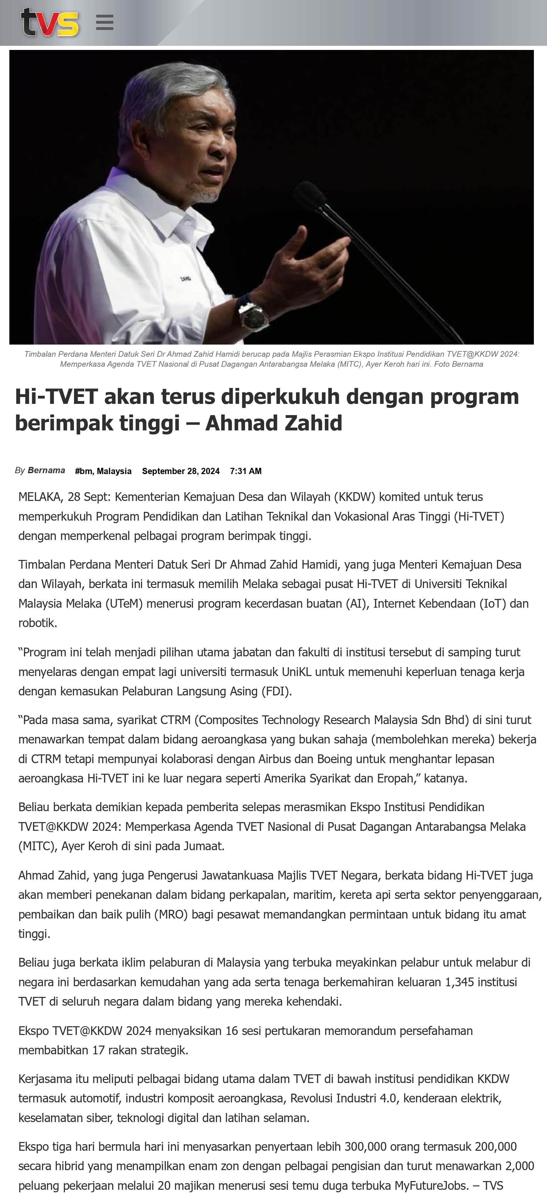 Hi-TVET akan terus diperkukuh dengan program berimpak tinggi – Ahmad Zahid