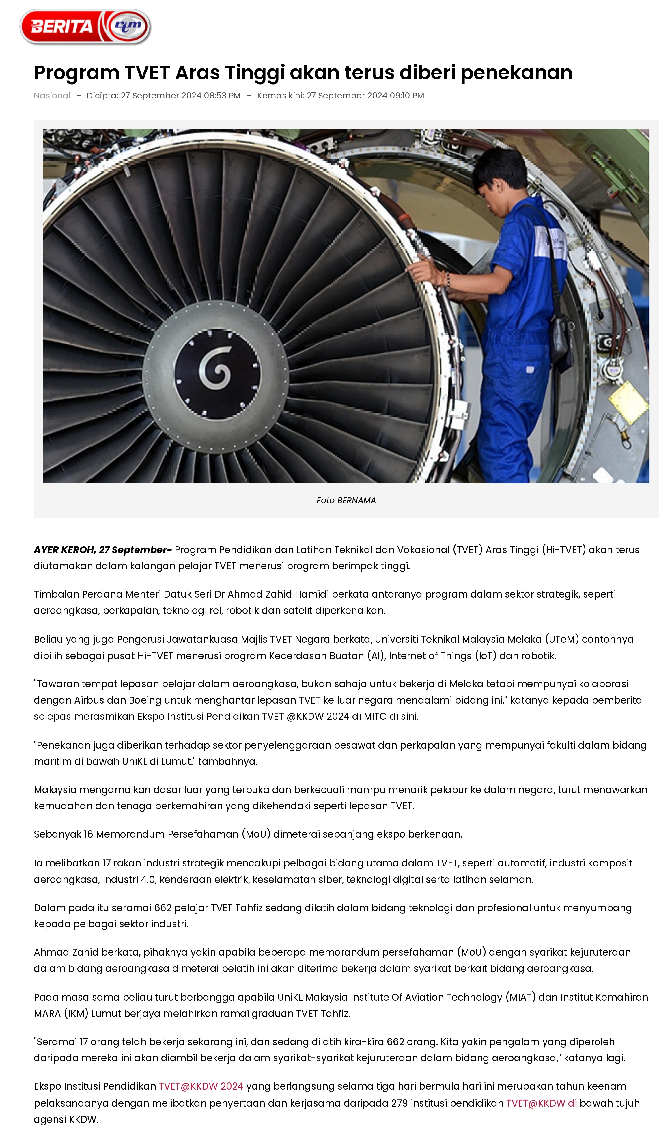 Program TVET Aras Tinggi akan terus diberi penekanan