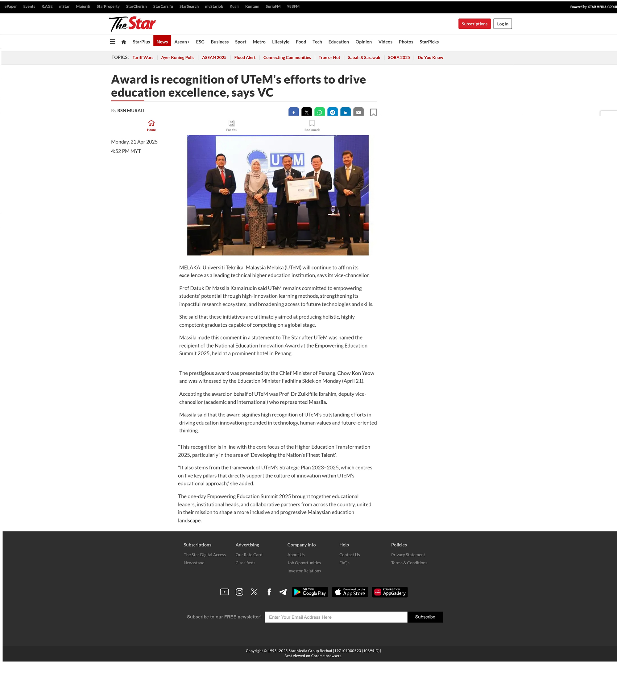   128 Award is recognition of UTeM's efforts to drive education excellence, says VC _ The Star