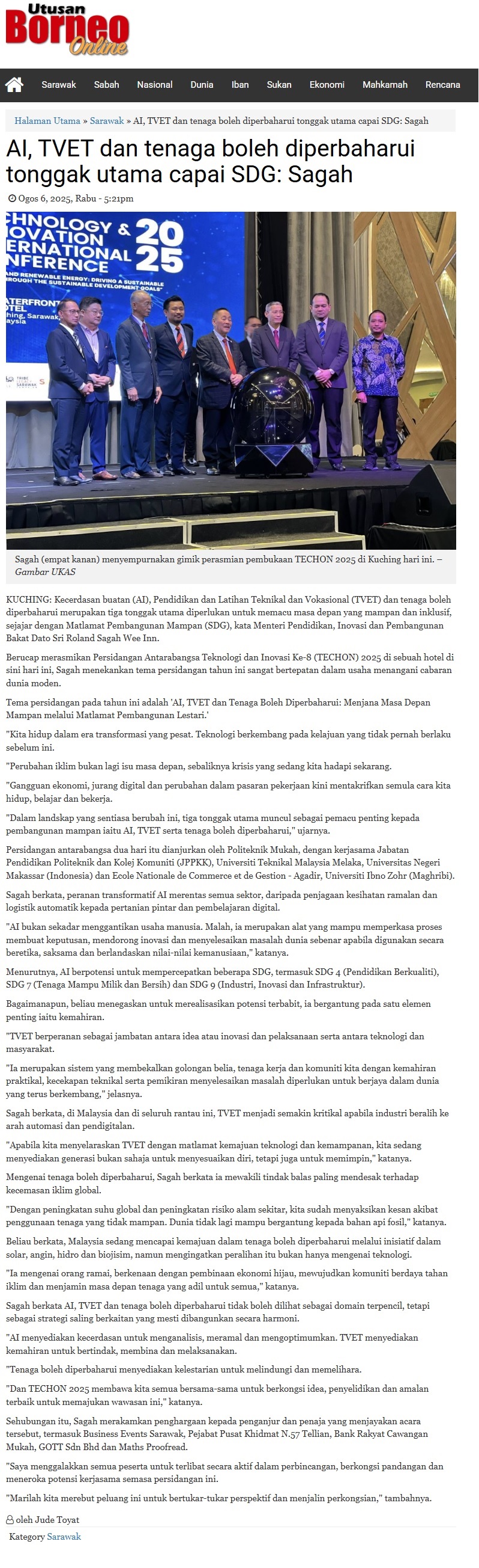 370 AI, TVET dan tenaga boleh diperbaharui tonggak utama capai SDG_ Sagah _ Utusan Borneo Online