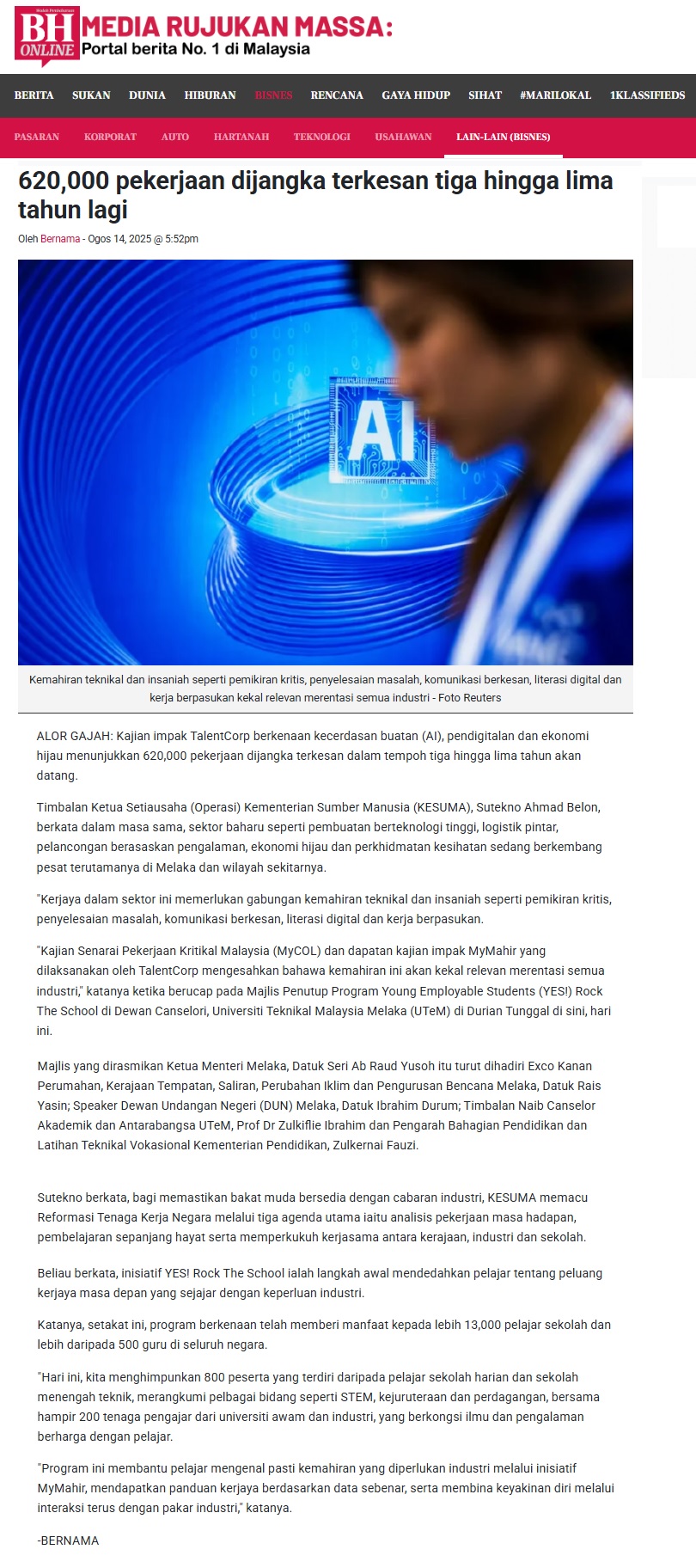 391 620,000 pekerjaan dijangka terkesan tiga hingga lima tahun lagi