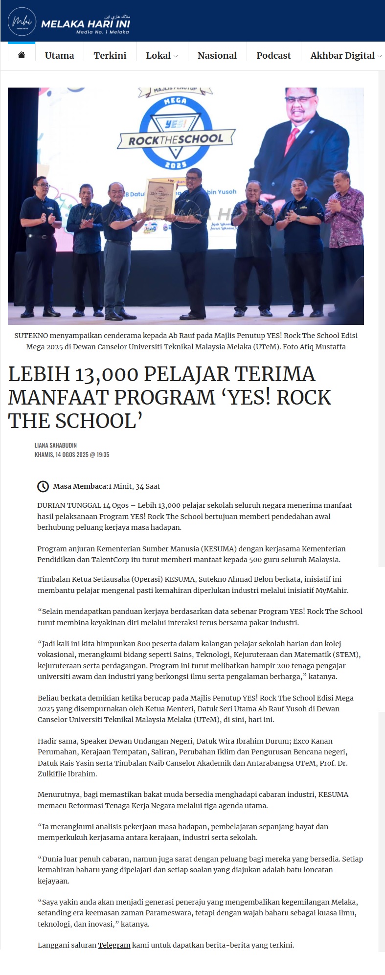 392 LEBIH 13,000 PELAJAR TERIMA MANFAAT PROGRAM ‘YES! ROCK THE SCHOOL’